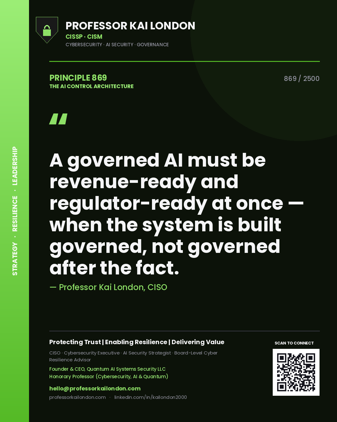 Quote card by Professor Kai London reading 'A governed AI must be revenue-ready and regulator-ready at once — when the system is built governed, not governed after the fact.'. From the book The AI Control Architecture.