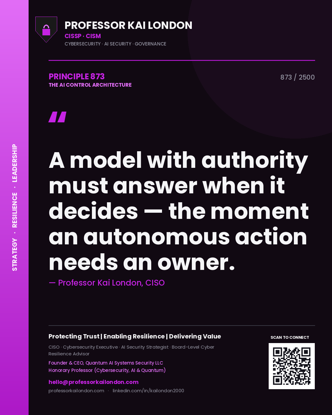 Quote card by Professor Kai London reading 'A model with authority must answer when it decides — the moment an autonomous action needs an owner.'. From the book The AI Control Architecture.