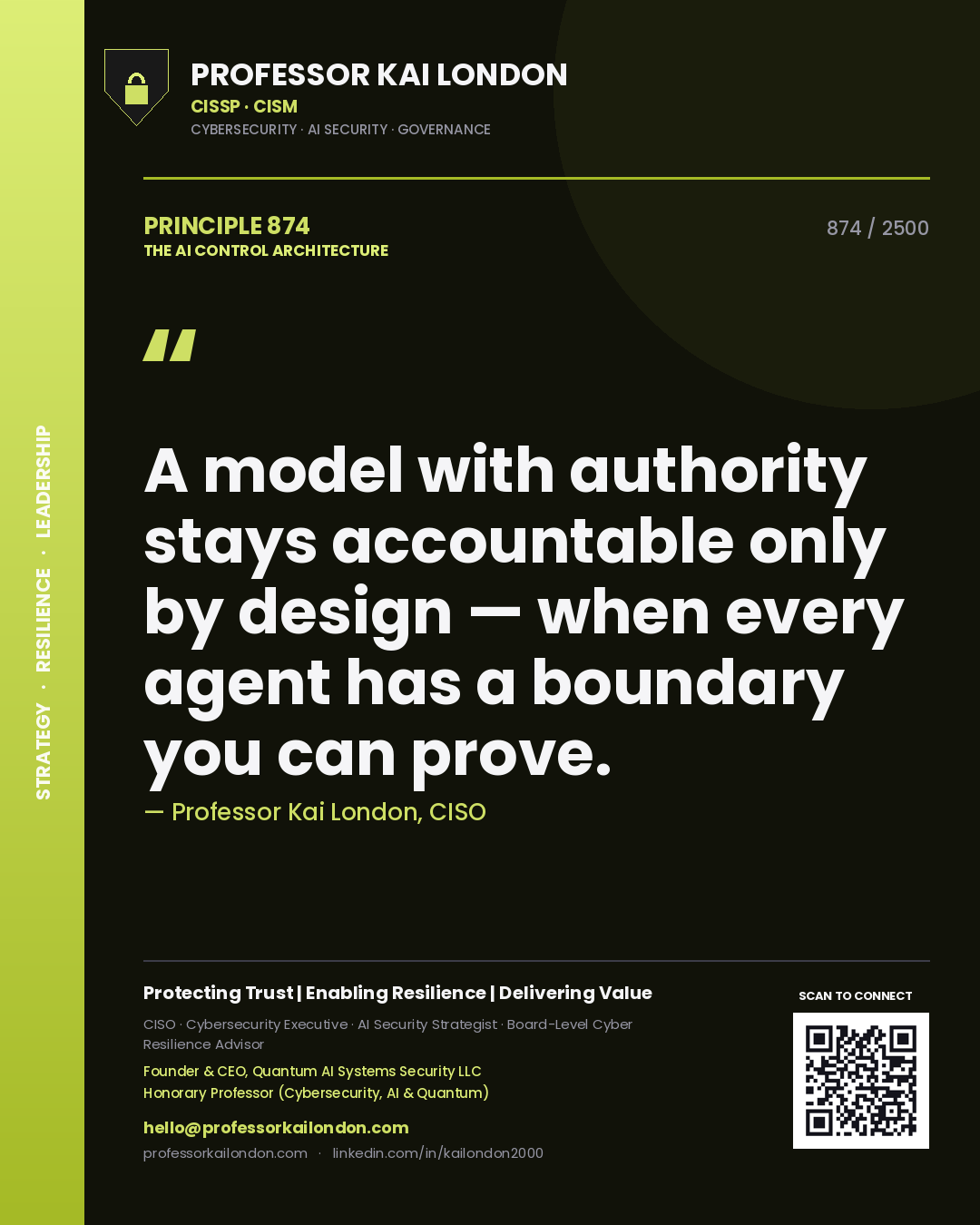 Quote card by Professor Kai London reading 'A model with authority stays accountable only by design — when every agent has a boundary you can prove.'. From the book The AI Control Architecture.