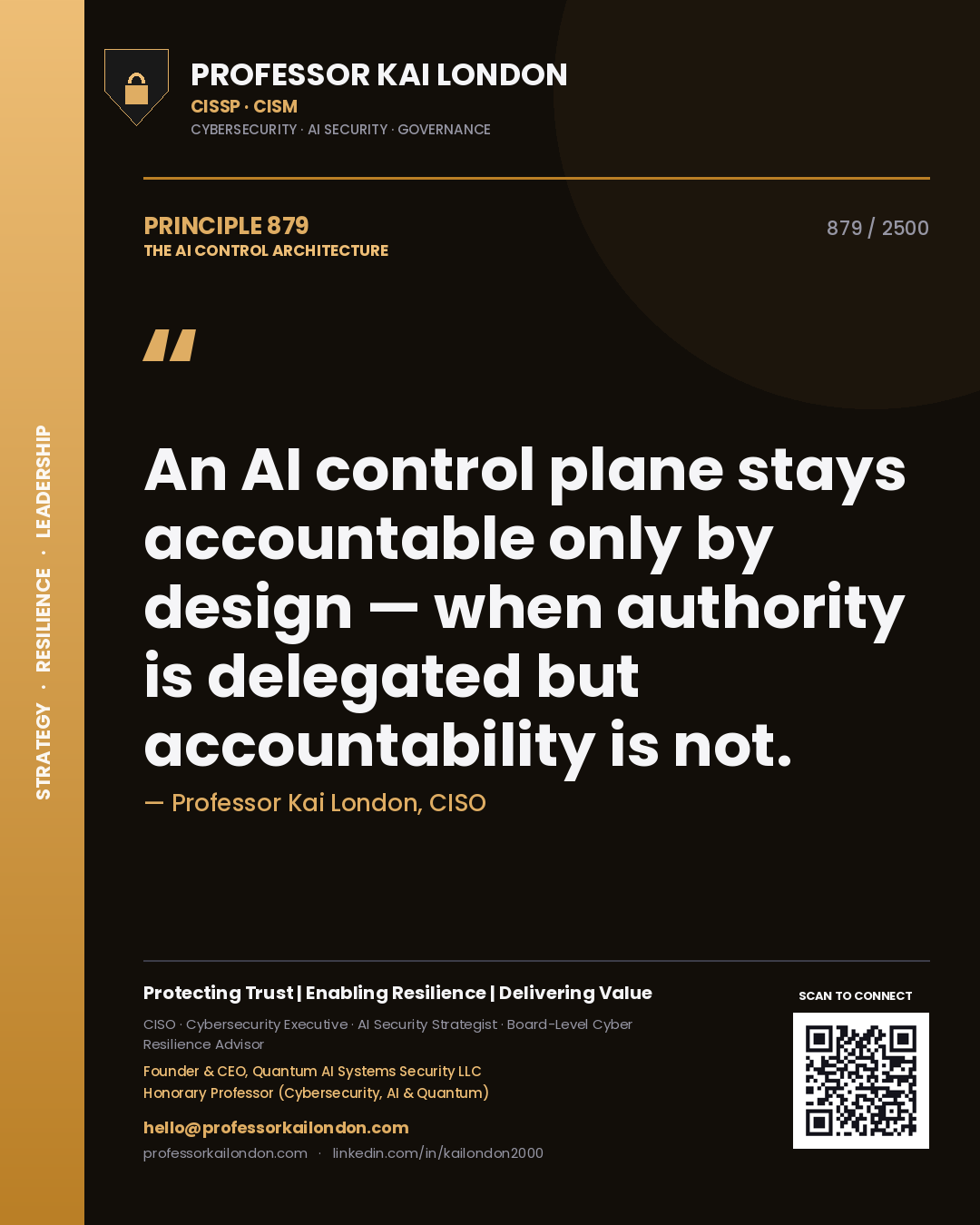 Quote card by Professor Kai London reading 'An AI control plane stays accountable only by design — when authority is delegated but accountability is not.'. From the book The AI Control Architecture.