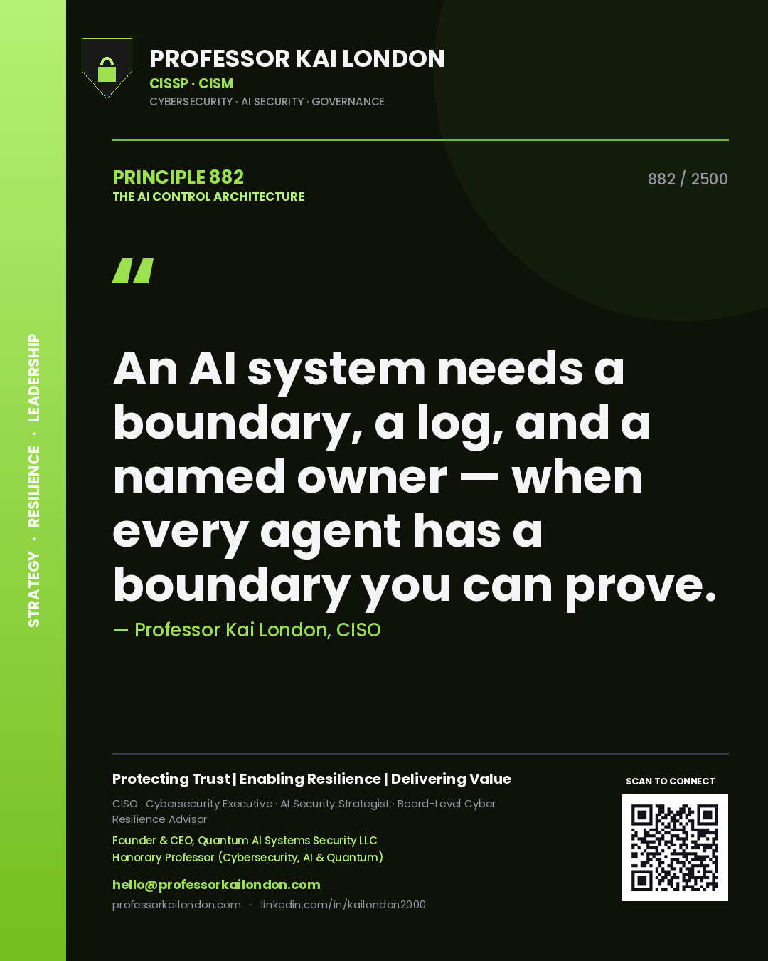 Quote card by Professor Kai London reading 'An AI system needs a boundary, a log, and a named owner — when every agent has a boundary you can prove.'. From the book The AI Control Architecture.