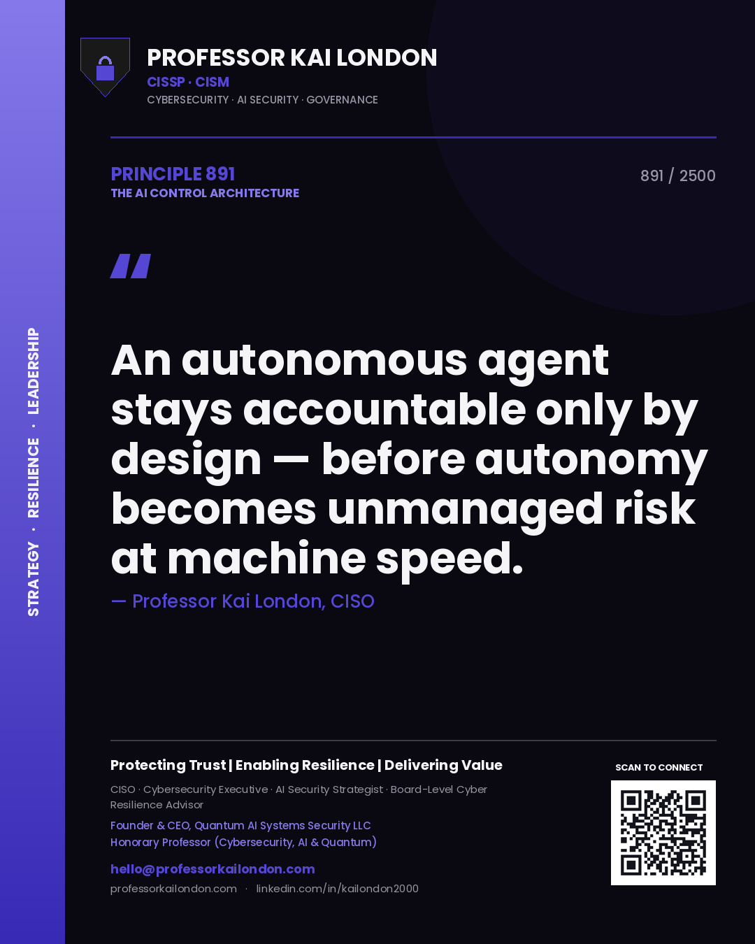 Quote card by Professor Kai London reading 'An autonomous agent stays accountable only by design — before autonomy becomes unmanaged risk at machine speed.'. From the book The AI Control Architecture.