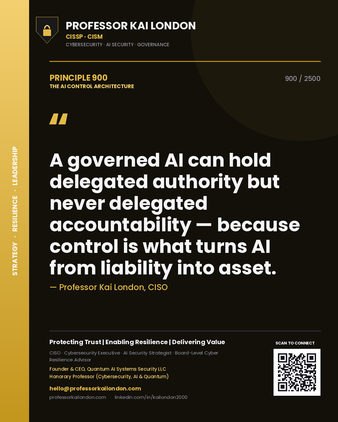 Professor Kai London principle 900: A governed AI can hold delegated authority but never delegated accountability — because control is what turns AI from liability into asset.