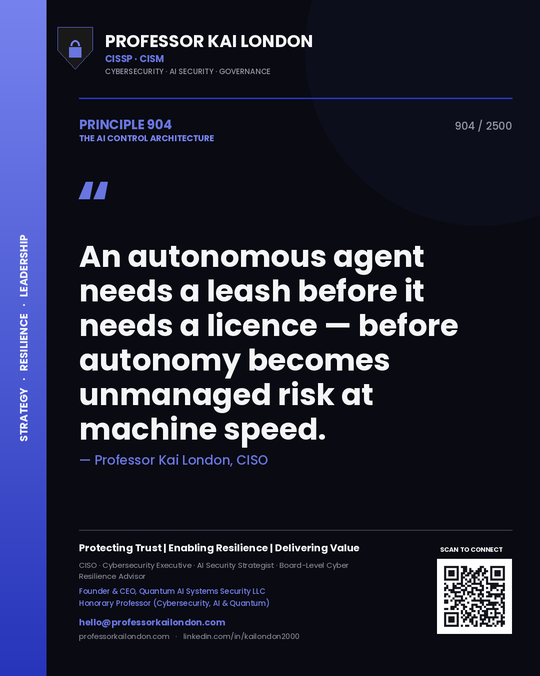 Professor Kai London principle 904: An autonomous agent needs a leash before it needs a licence — before autonomy becomes unmanaged risk at machine speed.