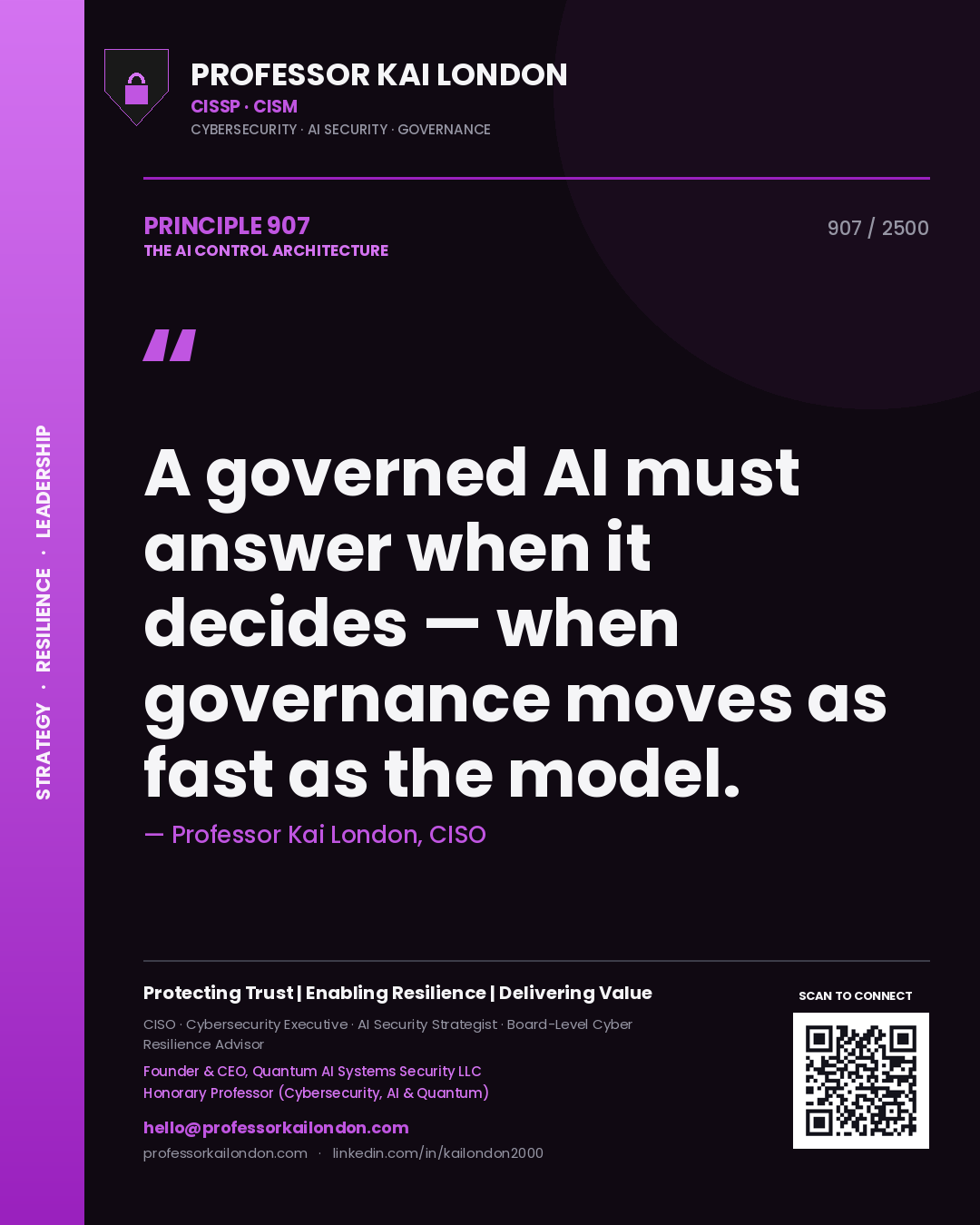 Professor Kai London principle 907: A governed AI must answer when it decides — when governance moves as fast as the model.
