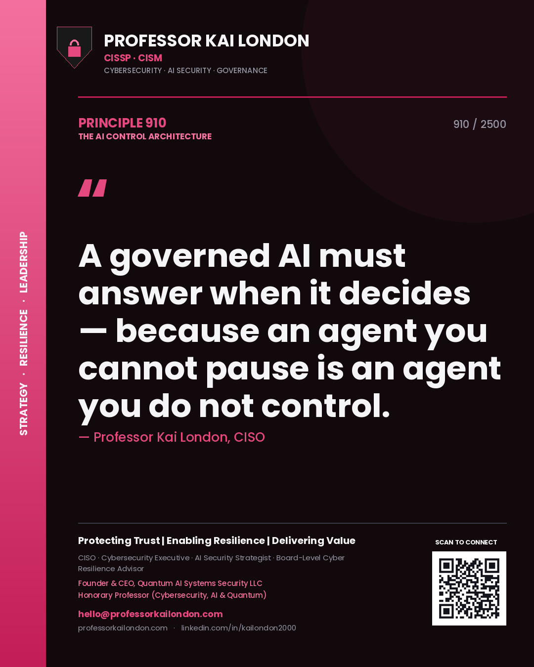 Professor Kai London principle 910: A governed AI must answer when it decides — because an agent you cannot pause is an agent you do not control.