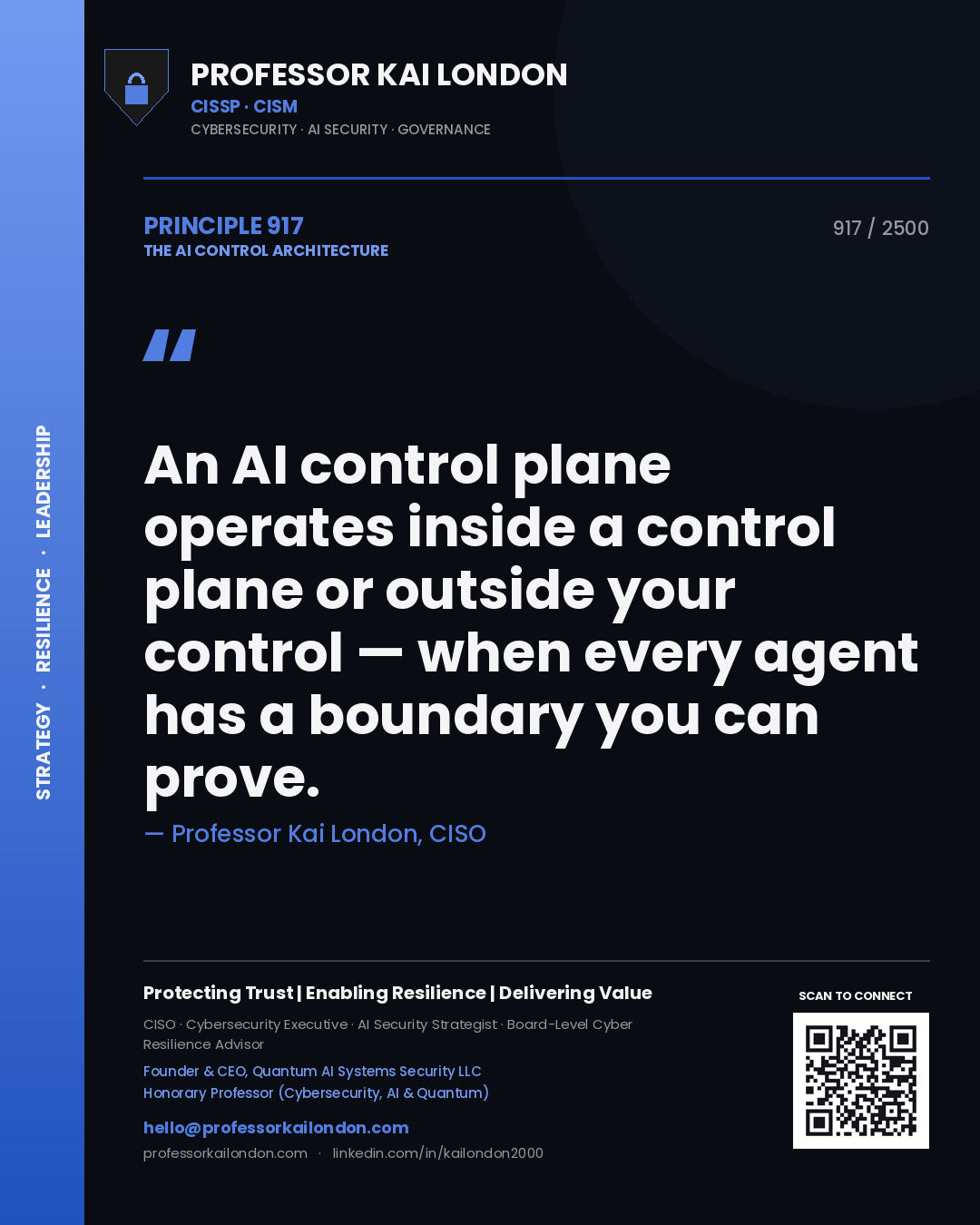 Professor Kai London principle 917: An AI control plane operates inside a control plane or outside your control — when every agent has a boundary you can prove.