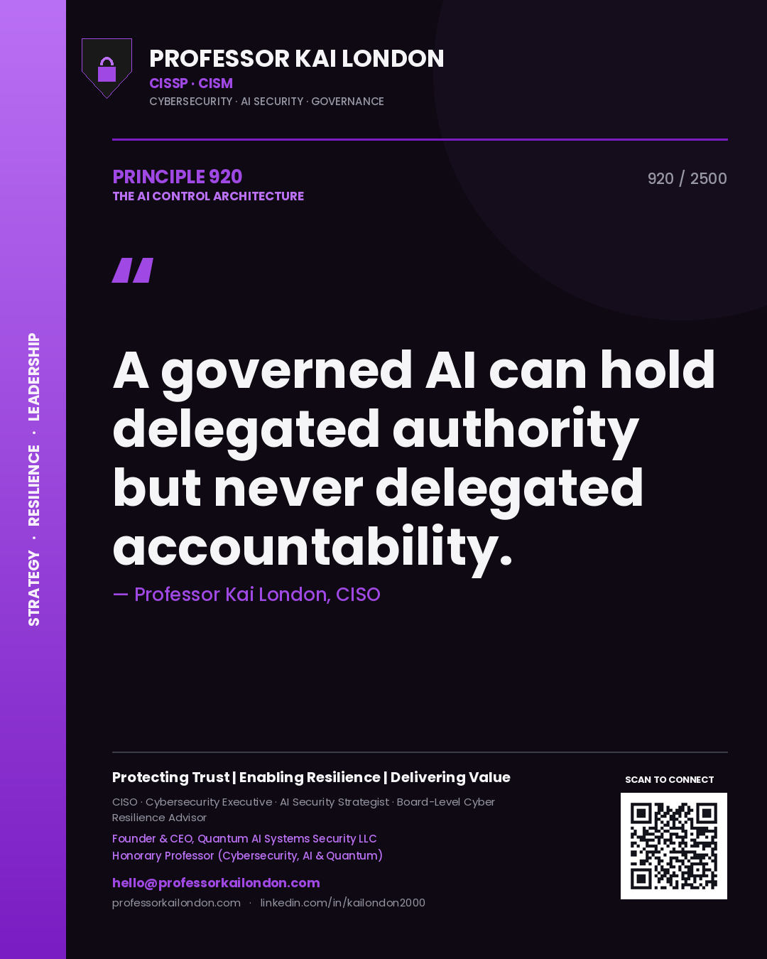 Professor Kai London principle 920: A governed AI can hold delegated authority but never delegated accountability.