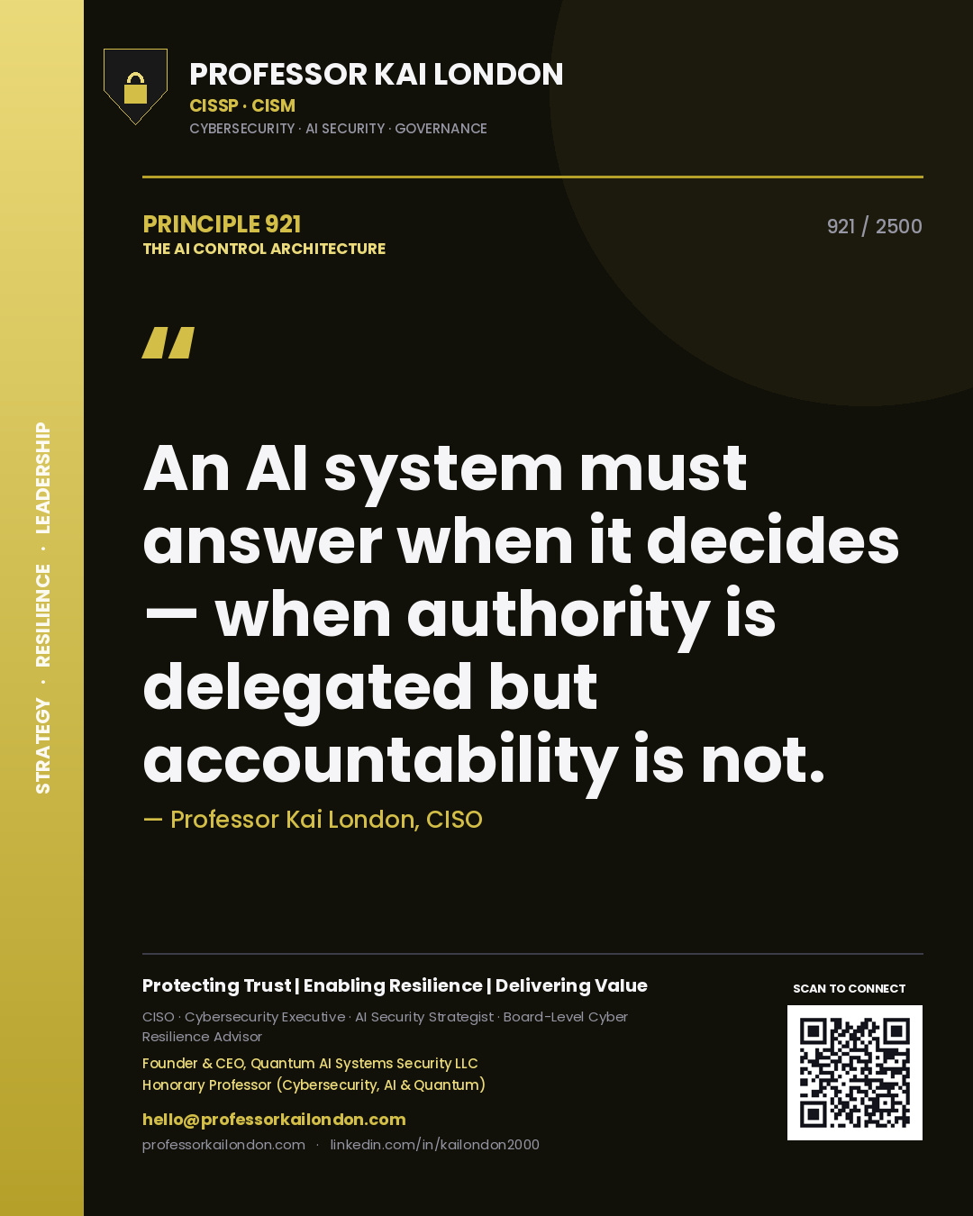 Quote card by Professor Kai London reading 'An AI system must answer when it decides — when authority is delegated but accountability is not.'. From the book The AI Control Architecture.