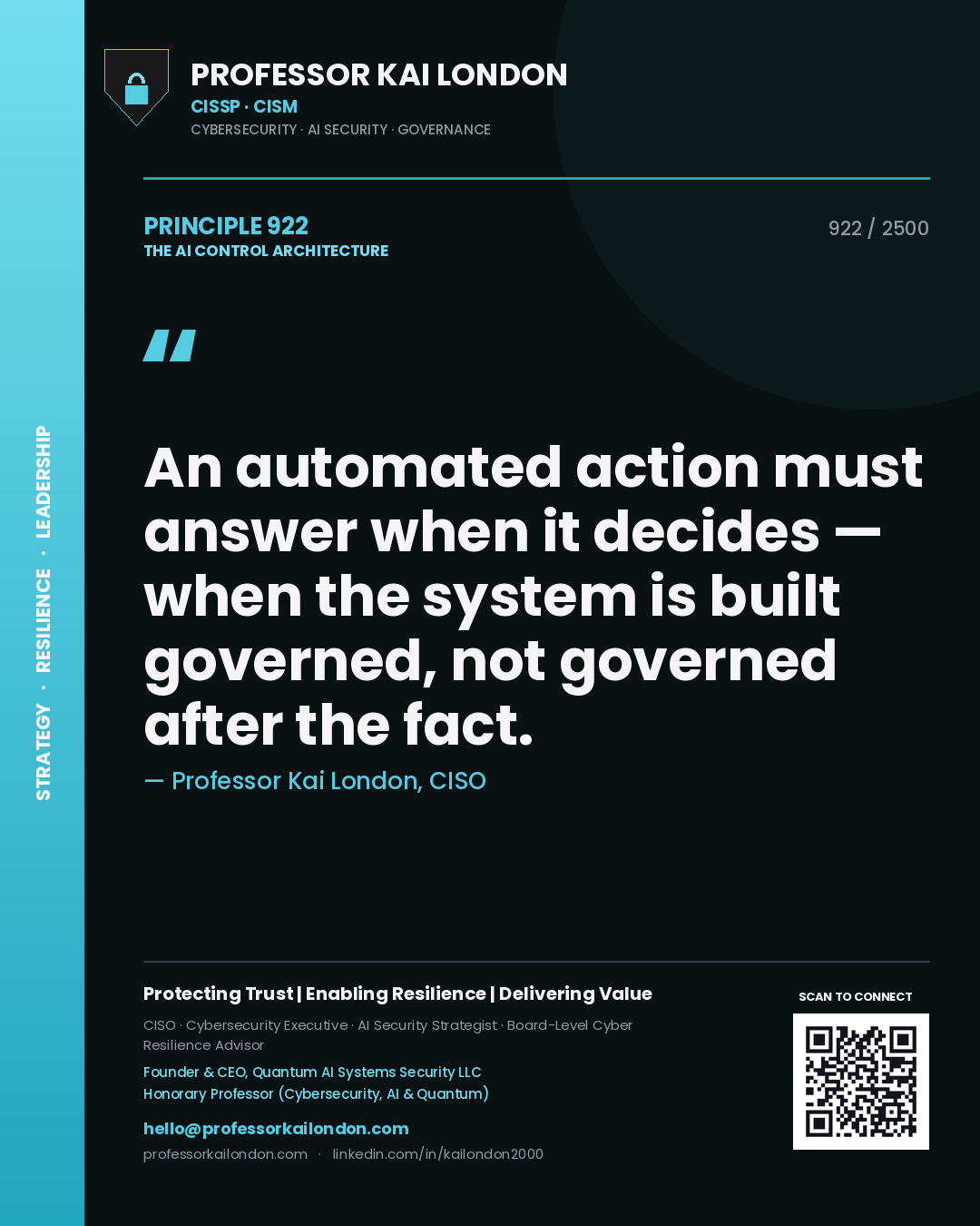 Quote card by Professor Kai London reading 'An automated action must answer when it decides — when the system is built governed, not governed after the fact.'. From the book The AI Control Architecture.