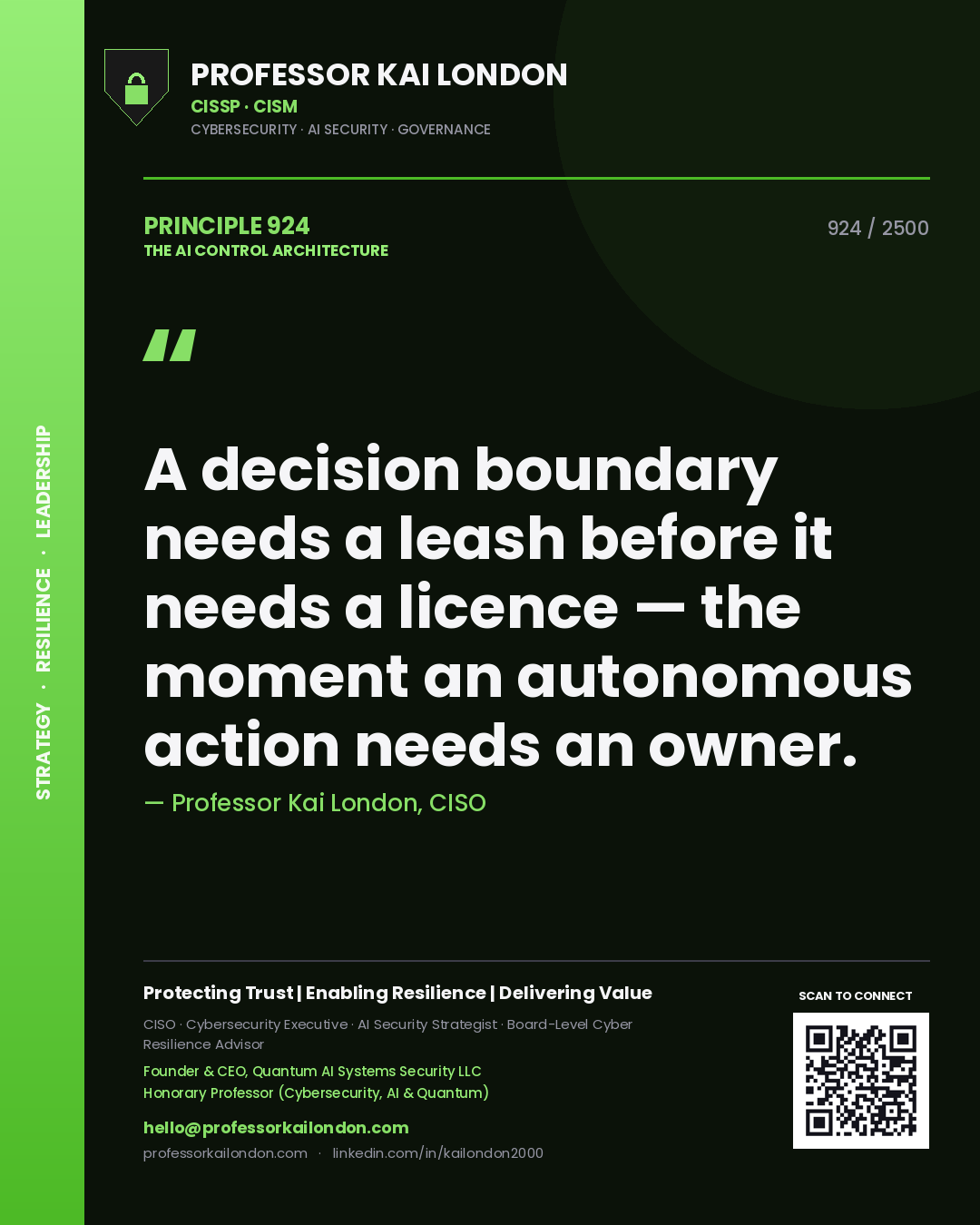 Quote card by Professor Kai London reading 'A decision boundary needs a leash before it needs a licence — the moment an autonomous action needs an owner.'. From the book The AI Control Architecture.