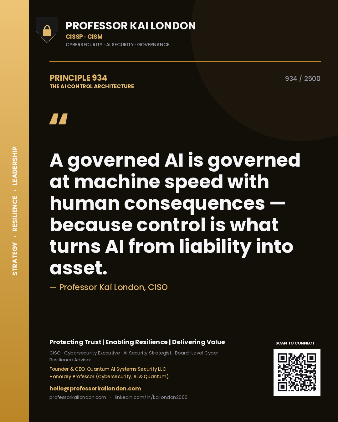Quote card by Professor Kai London reading 'A governed AI is governed at machine speed with human consequences — because control is what turns AI from liability into asset.'. From the book The AI Control Architecture.