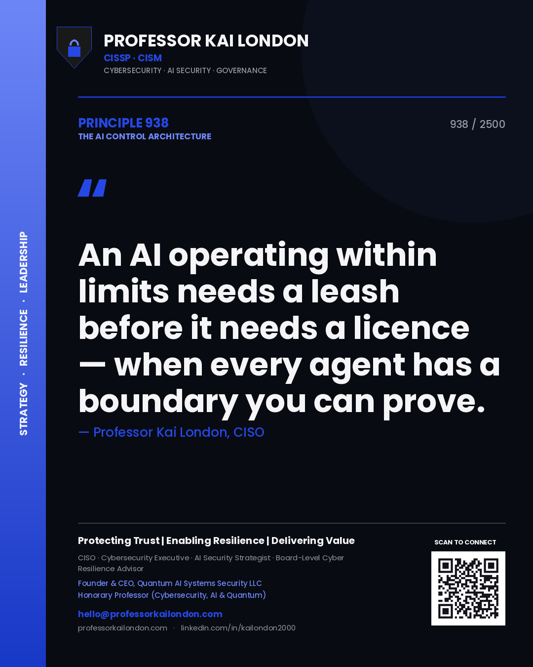 Professor Kai London principle 938: An AI operating within limits needs a leash before it needs a licence — when every agent has a boundary you can prove.