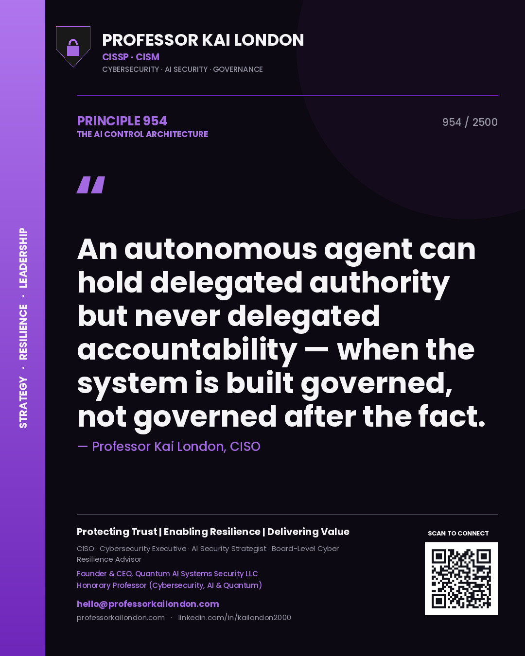 Professor Kai London principle 954: An autonomous agent can hold delegated authority but never delegated accountability — when the system is built governed, not governed after the fact.