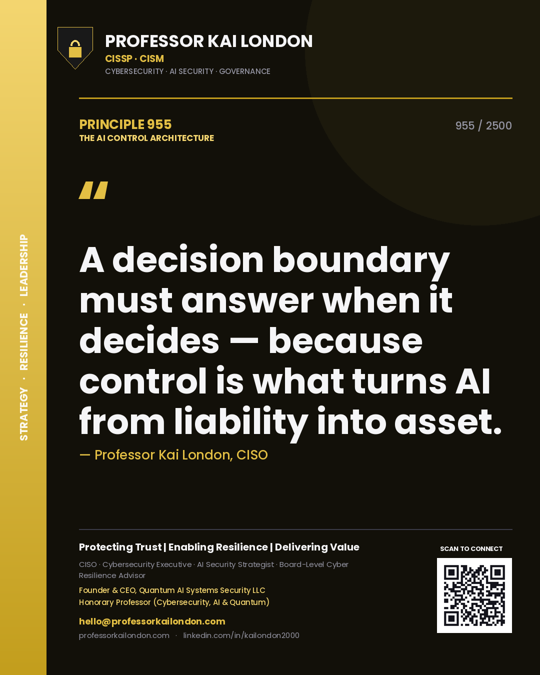 Professor Kai London principle 955: A decision boundary must answer when it decides — because control is what turns AI from liability into asset.