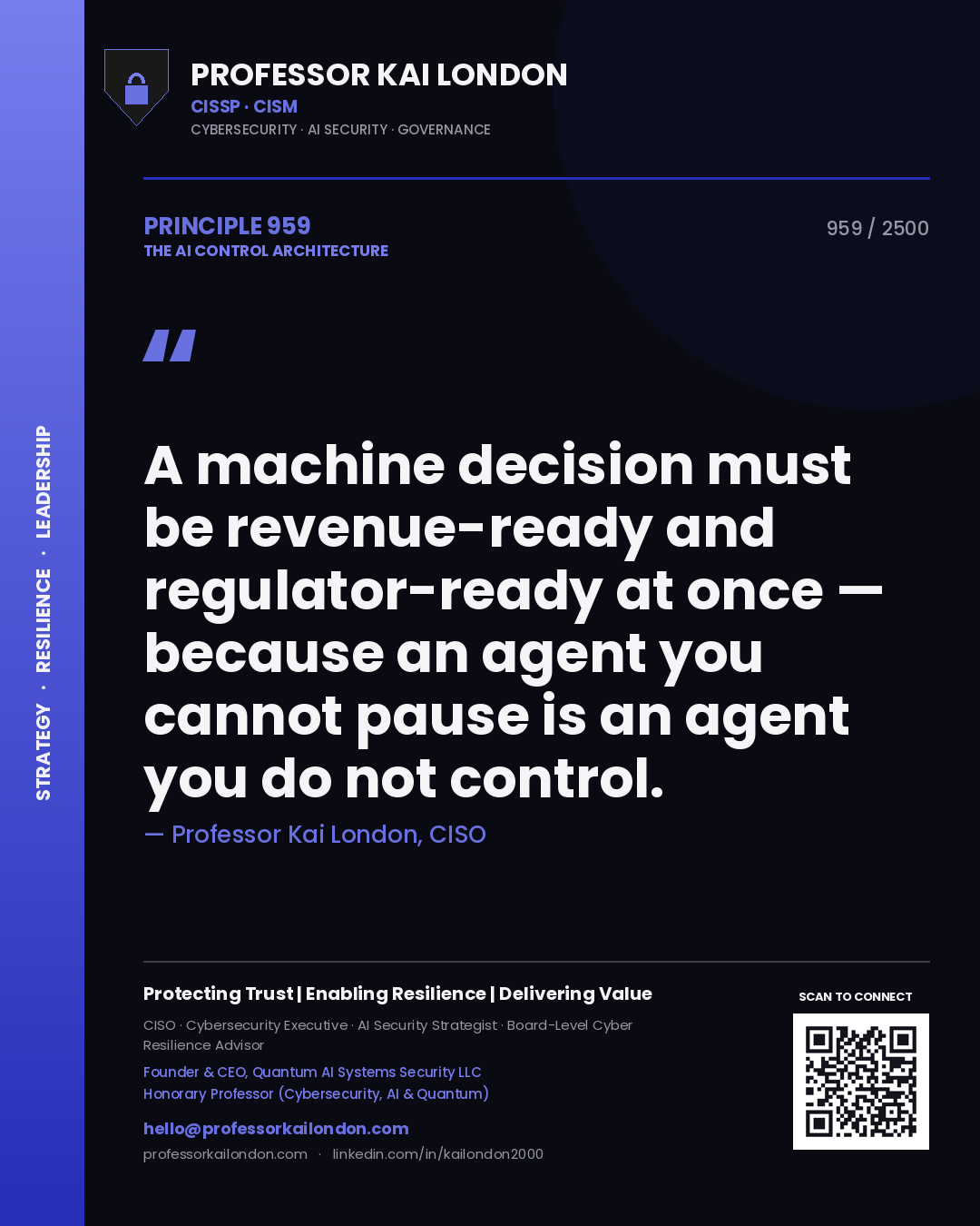 Professor Kai London principle 959: A machine decision must be revenue-ready and regulator-ready at once — because an agent you cannot pause is an agent you do not control.
