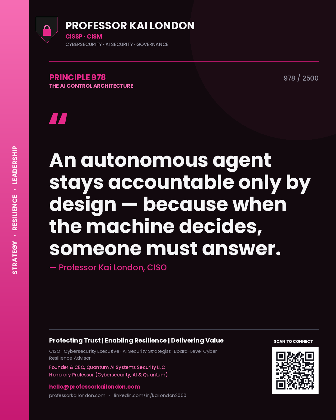 Professor Kai London principle 978: An autonomous agent stays accountable only by design — because when the machine decides, someone must answer.