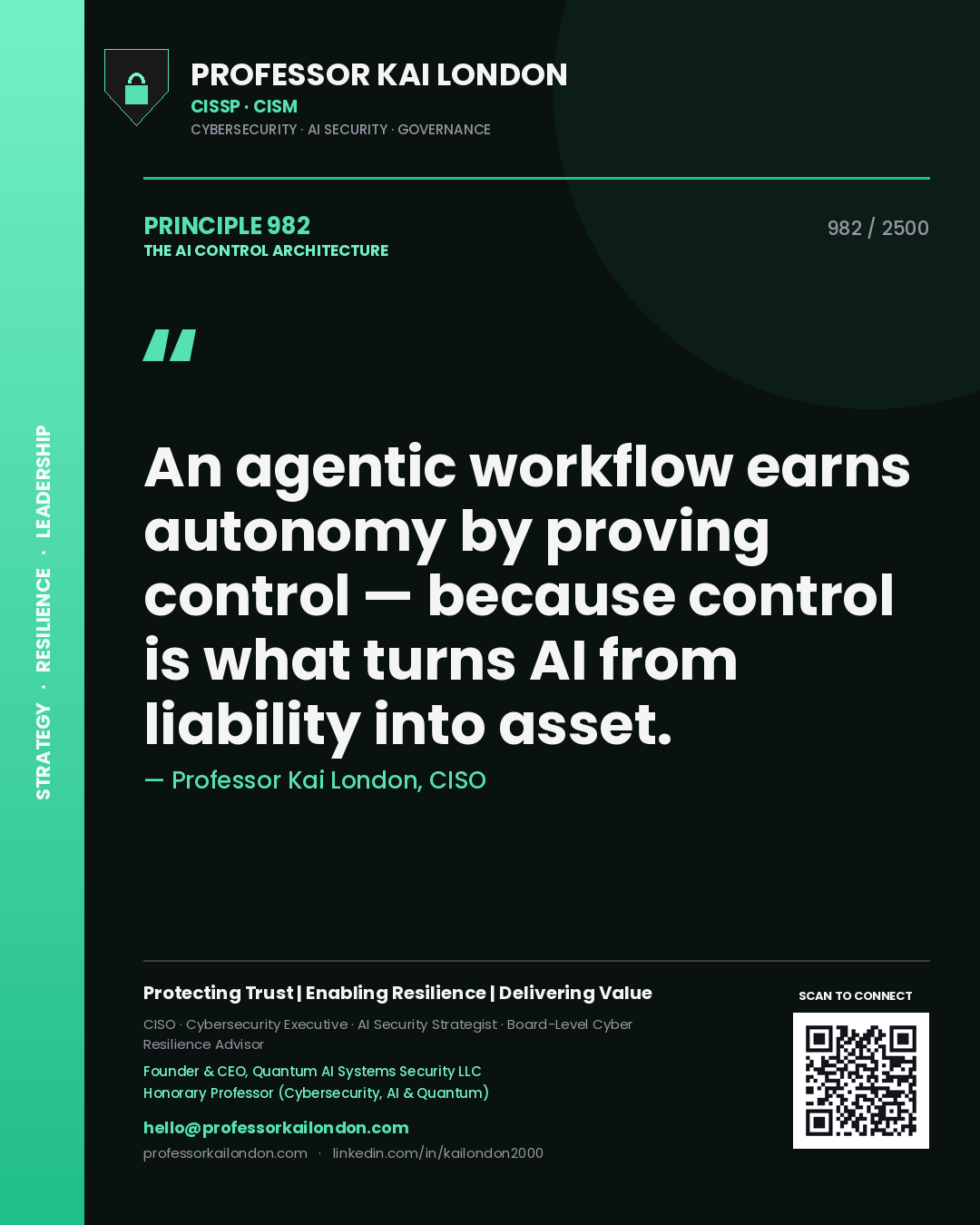 Quote card by Professor Kai London reading 'An agentic workflow earns autonomy by proving control — because control is what turns AI from liability into asset.'. From the book The AI Control Architecture.