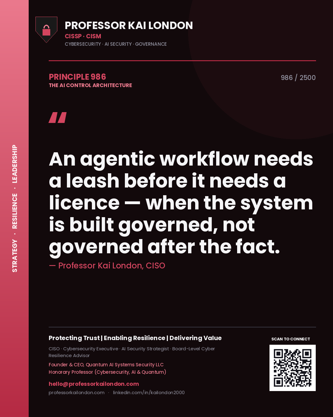 Professor Kai London principle 986: An agentic workflow needs a leash before it needs a licence — when the system is built governed, not governed after the fact.