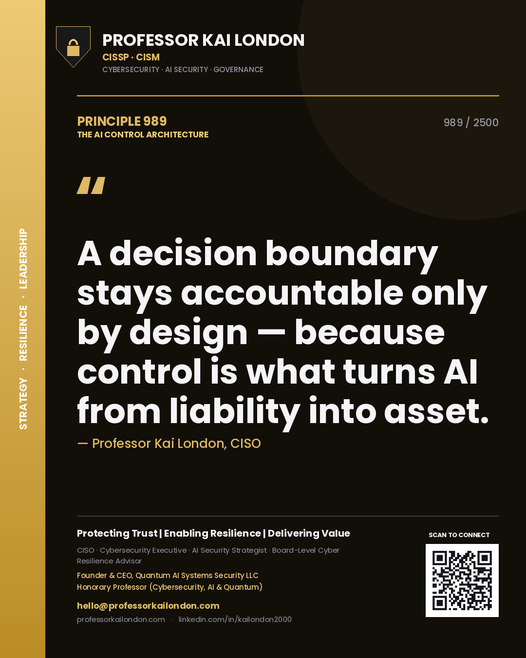 Professor Kai London principle 989: A decision boundary stays accountable only by design — because control is what turns AI from liability into asset.