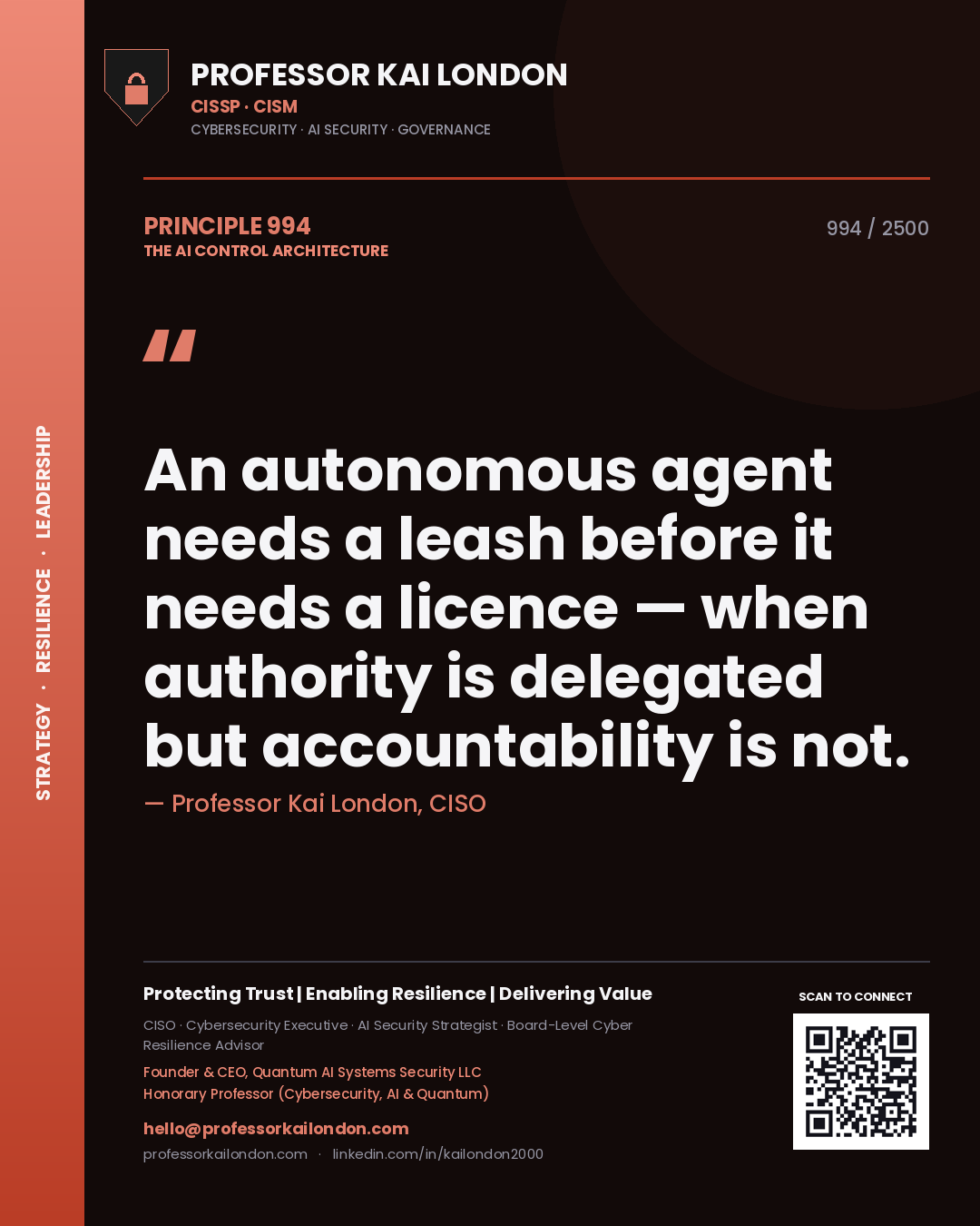 Quote card by Professor Kai London reading 'An autonomous agent needs a leash before it needs a licence — when authority is delegated but accountability is not.'. From the book The AI Control Architecture.