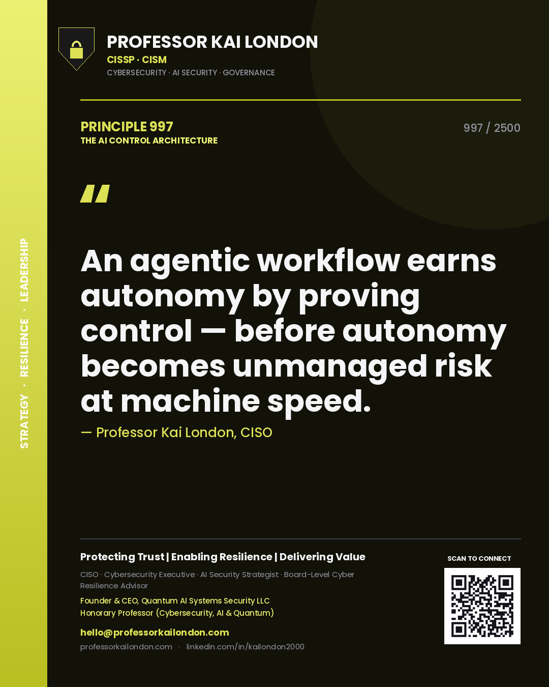 Professor Kai London principle 997: An agentic workflow earns autonomy by proving control — before autonomy becomes unmanaged risk at machine speed.