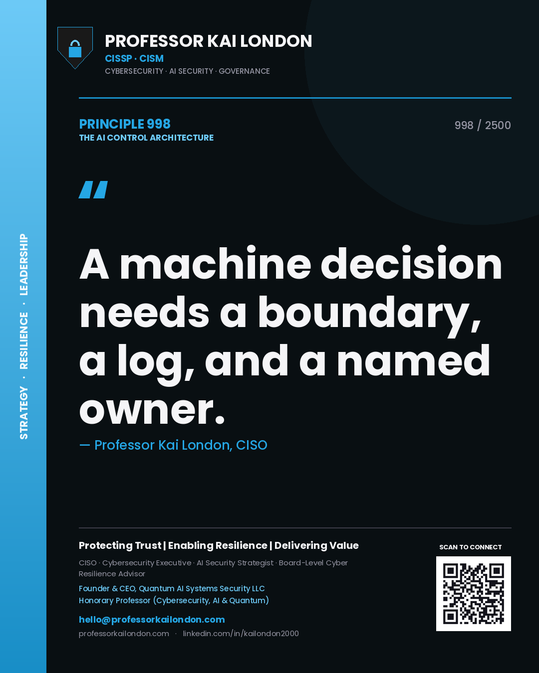 Professor Kai London principle 998: A machine decision needs a boundary, a log, and a named owner.