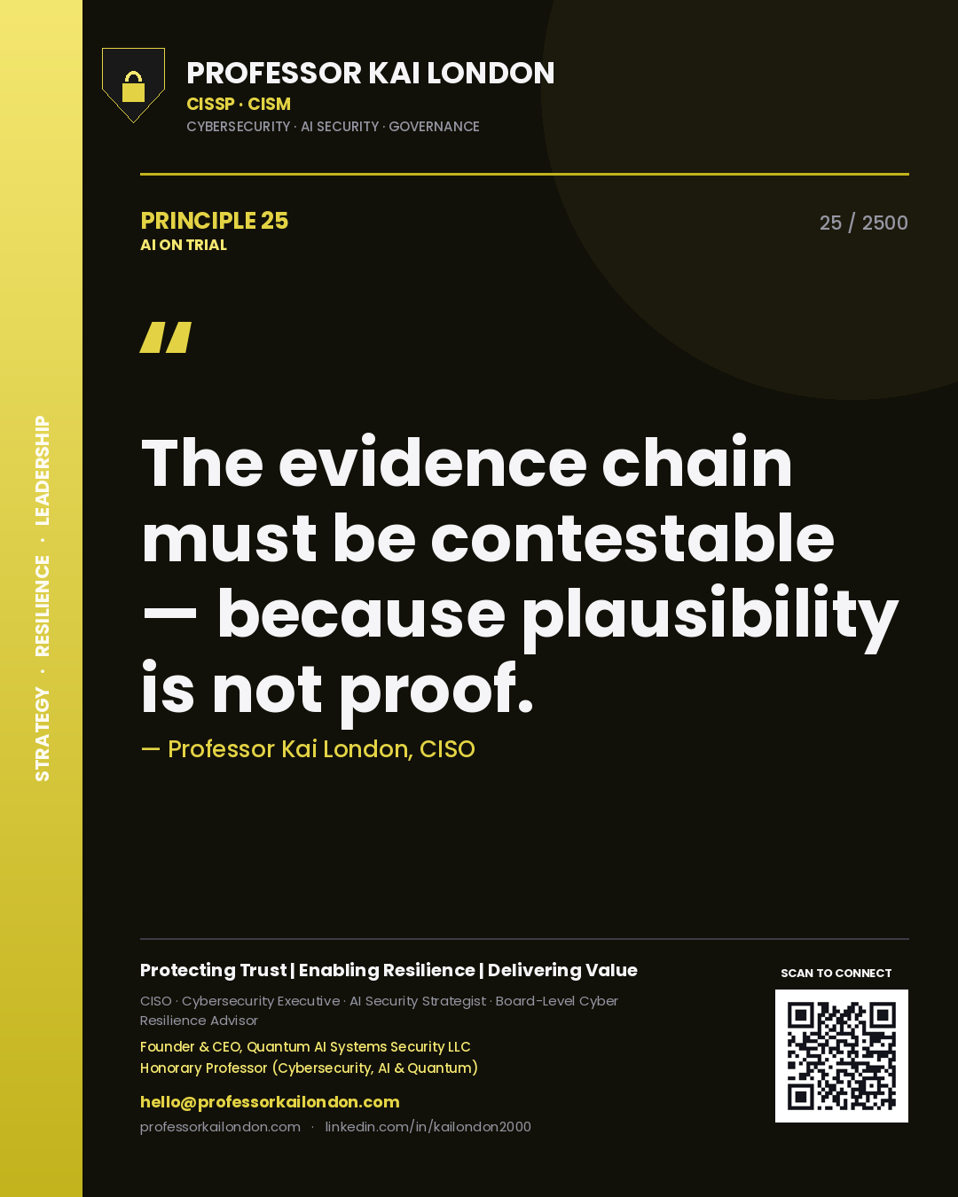 Professor Kai London principle 25: The evidence chain must be contestable — because plausibility is not proof.