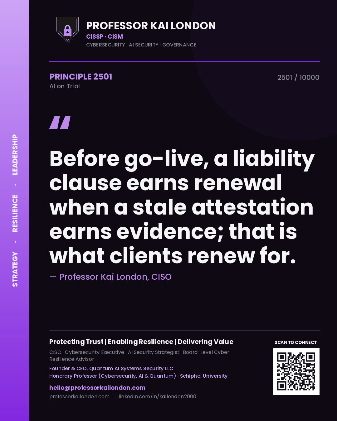 Quote card by Professor Kai London reading 'Before go-live, a liability clause earns renewal when a stale attestation earns evidence; that is what clients renew for.'. From the book AI on Trial.