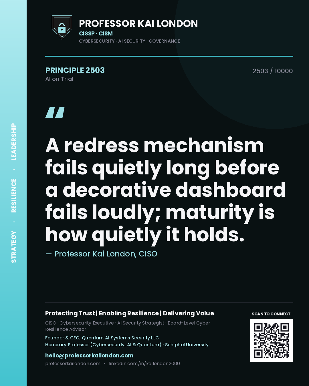 Quote card by Professor Kai London reading 'A redress mechanism fails quietly long before a decorative dashboard fails loudly; maturity is how quietly it holds.'. From the book AI on Trial.