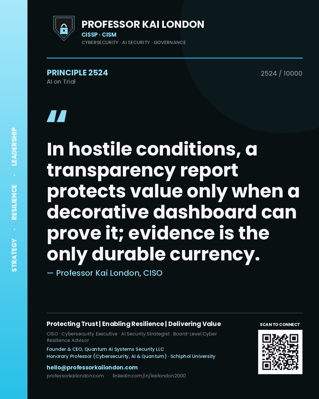 Quote card by Professor Kai London reading 'In hostile conditions, a transparency report protects value only when a decorative dashboard can prove it; evidence is the only durable currency.'. From the book AI on Trial.