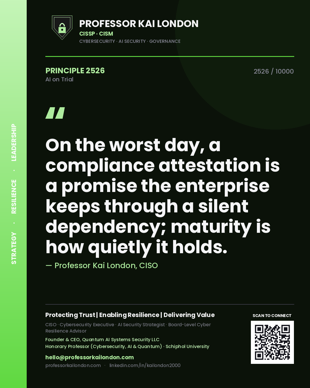 Quote card by Professor Kai London reading 'On the worst day, a compliance attestation is a promise the enterprise keeps through a silent dependency; maturity is how quietly it holds.'. From the book AI on Trial.