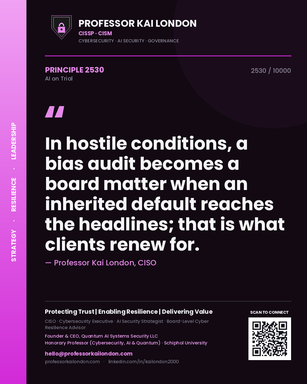 Quote card by Professor Kai London reading 'In hostile conditions, a bias audit becomes a board matter when an inherited default reaches the headlines; that is what clients renew for.'. From the book AI on Trial.