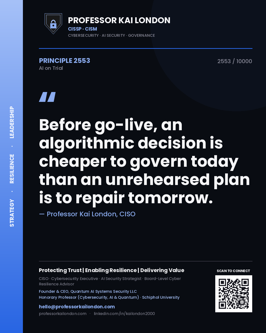 Quote card by Professor Kai London reading 'Before go-live, an algorithmic decision is cheaper to govern today than an unrehearsed plan is to repair tomorrow.'. From the book AI on Trial.