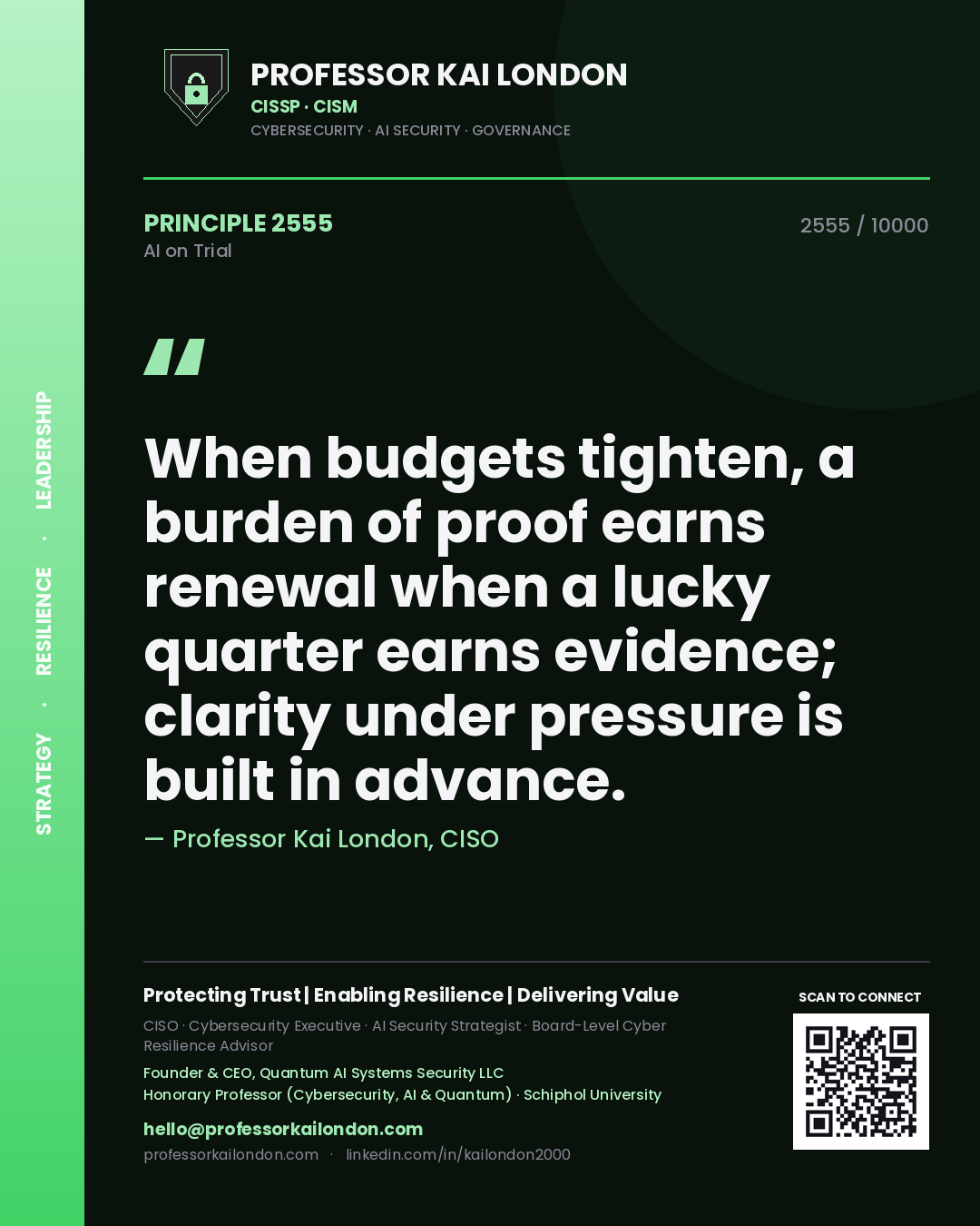 Quote card by Professor Kai London reading 'When budgets tighten, a burden of proof earns renewal when a lucky quarter earns evidence; clarity under pressure is built in advance.'. From the book AI on Trial.