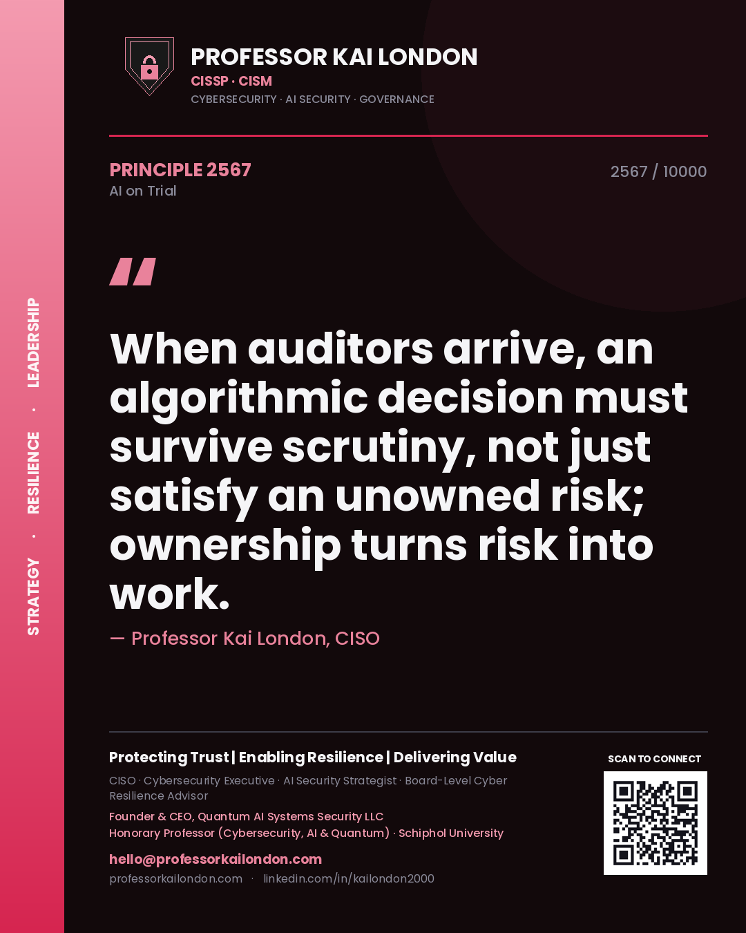 Professor Kai London principle 2567: When auditors arrive, an algorithmic decision must survive scrutiny, not just satisfy an unowned risk; ownership turns risk into work.