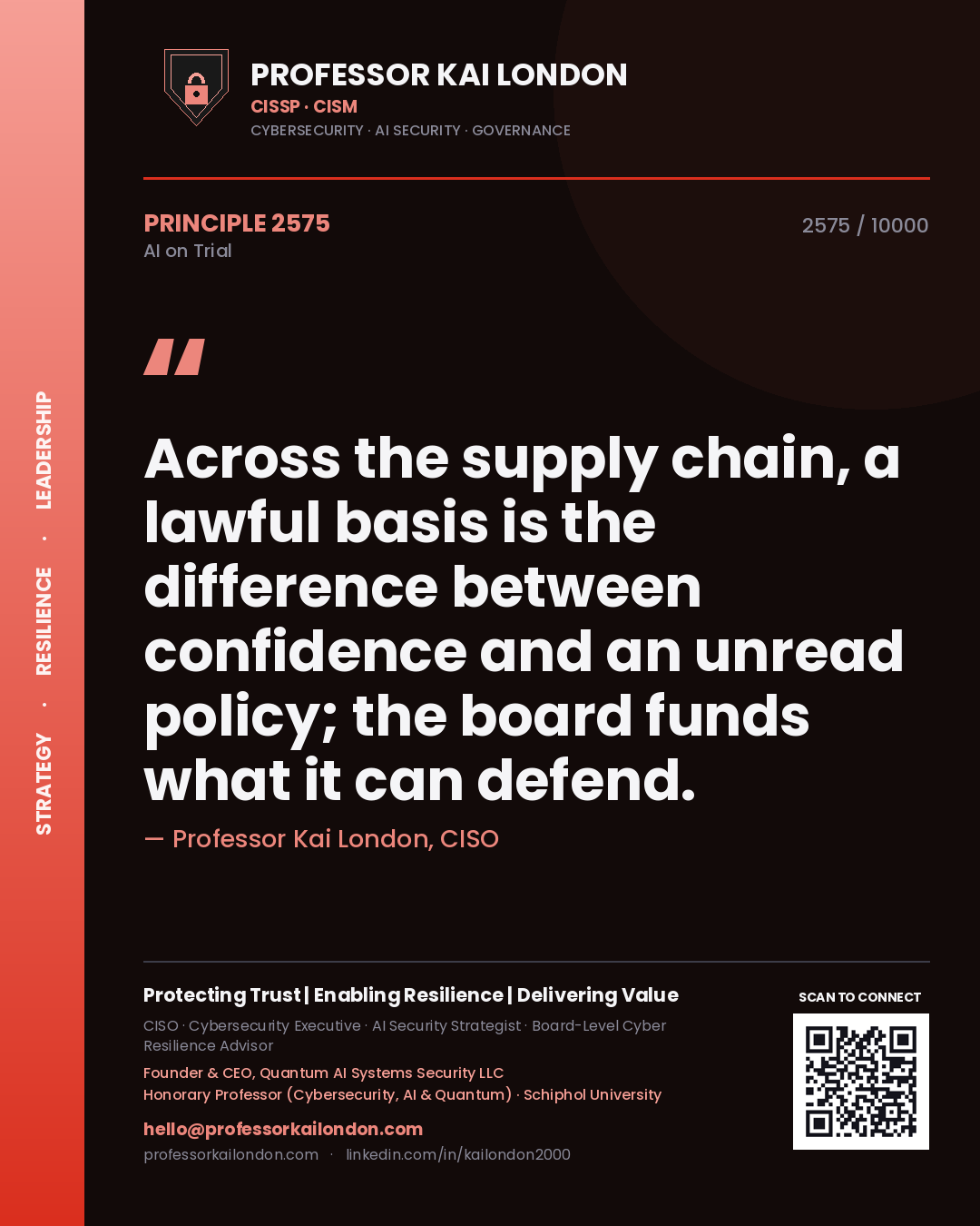 Quote card by Professor Kai London reading 'Across the supply chain, a lawful basis is the difference between confidence and an unread policy; the board funds what it can defend.'. From the book AI on Trial.