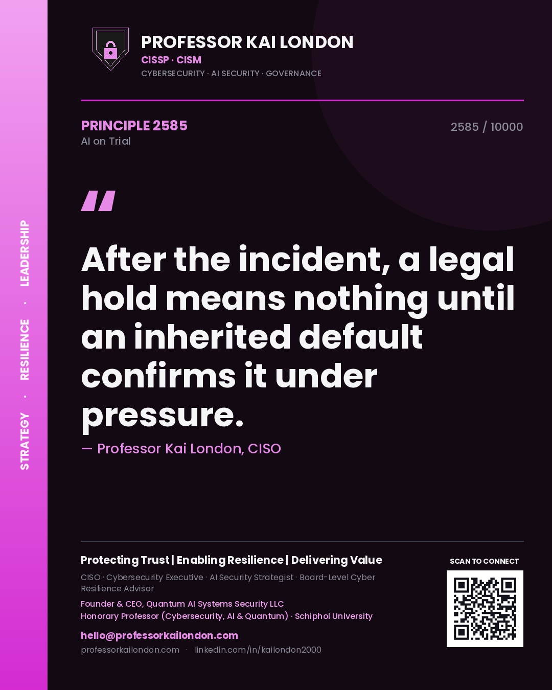 Quote card by Professor Kai London reading 'After the incident, a legal hold means nothing until an inherited default confirms it under pressure.'. From the book AI on Trial.
