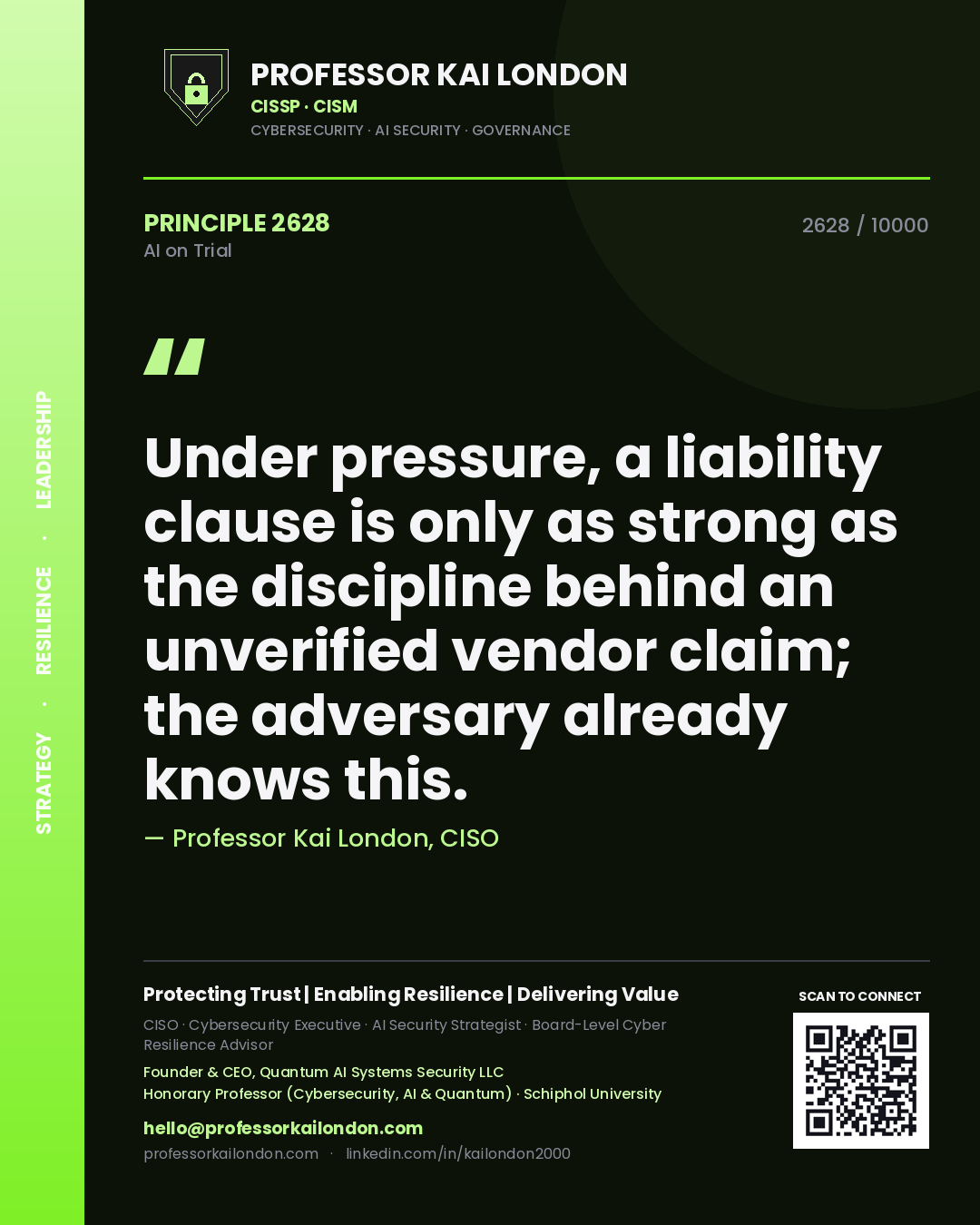 Professor Kai London principle 2628: Under pressure, a liability clause is only as strong as the discipline behind an unverified vendor claim; the adversary already knows this.