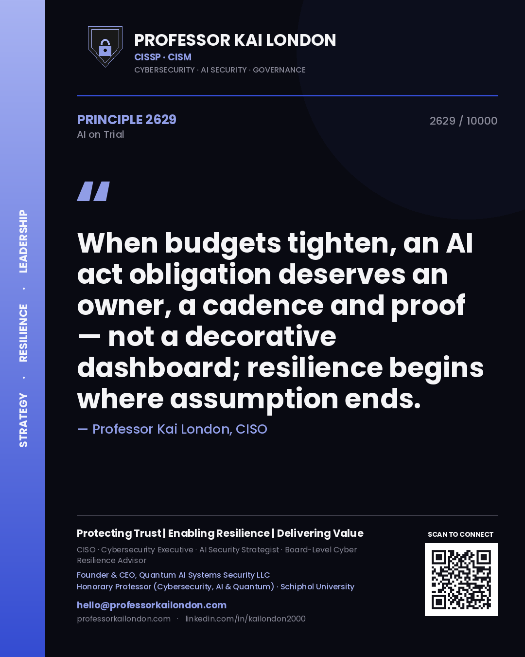 Quote card by Professor Kai London reading 'When budgets tighten, an AI act obligation deserves an owner, a cadence and proof — not a decorative dashboard; resilience begins where assumption ends.'. From the book AI on Trial.