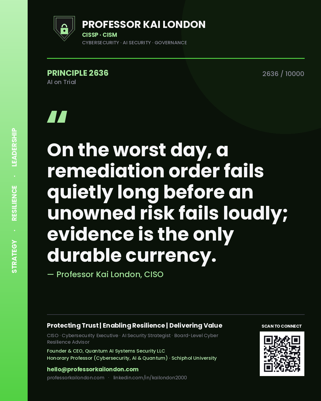Quote card by Professor Kai London reading 'On the worst day, a remediation order fails quietly long before an unowned risk fails loudly; evidence is the only durable currency.'. From the book AI on Trial.