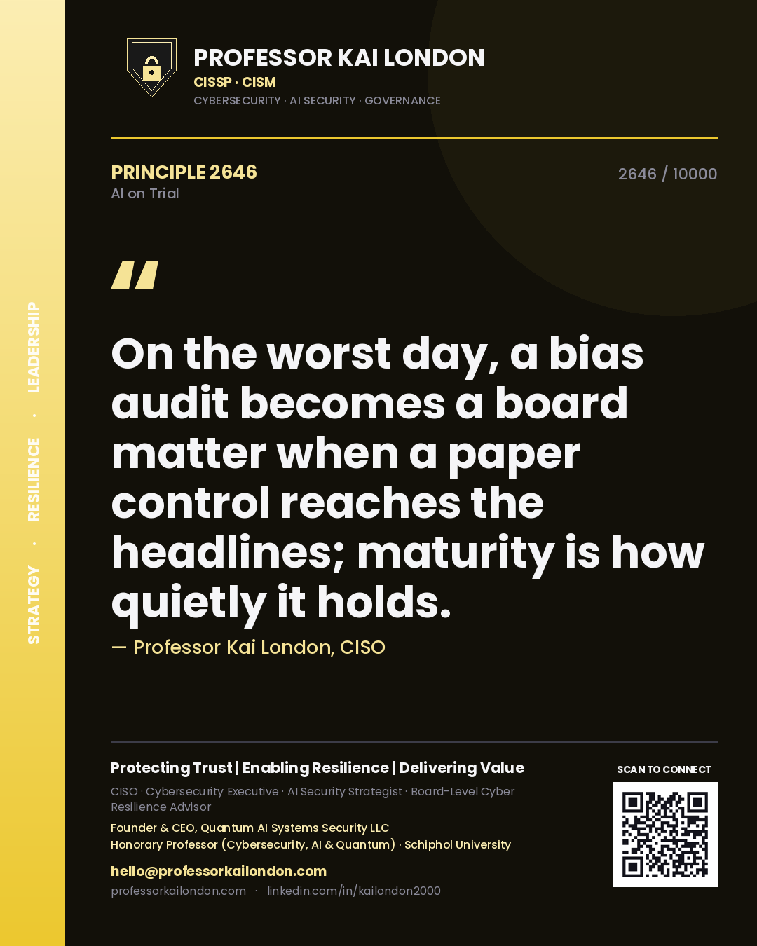 Quote card by Professor Kai London reading 'On the worst day, a bias audit becomes a board matter when a paper control reaches the headlines; maturity is how quietly it holds.'. From the book AI on Trial.