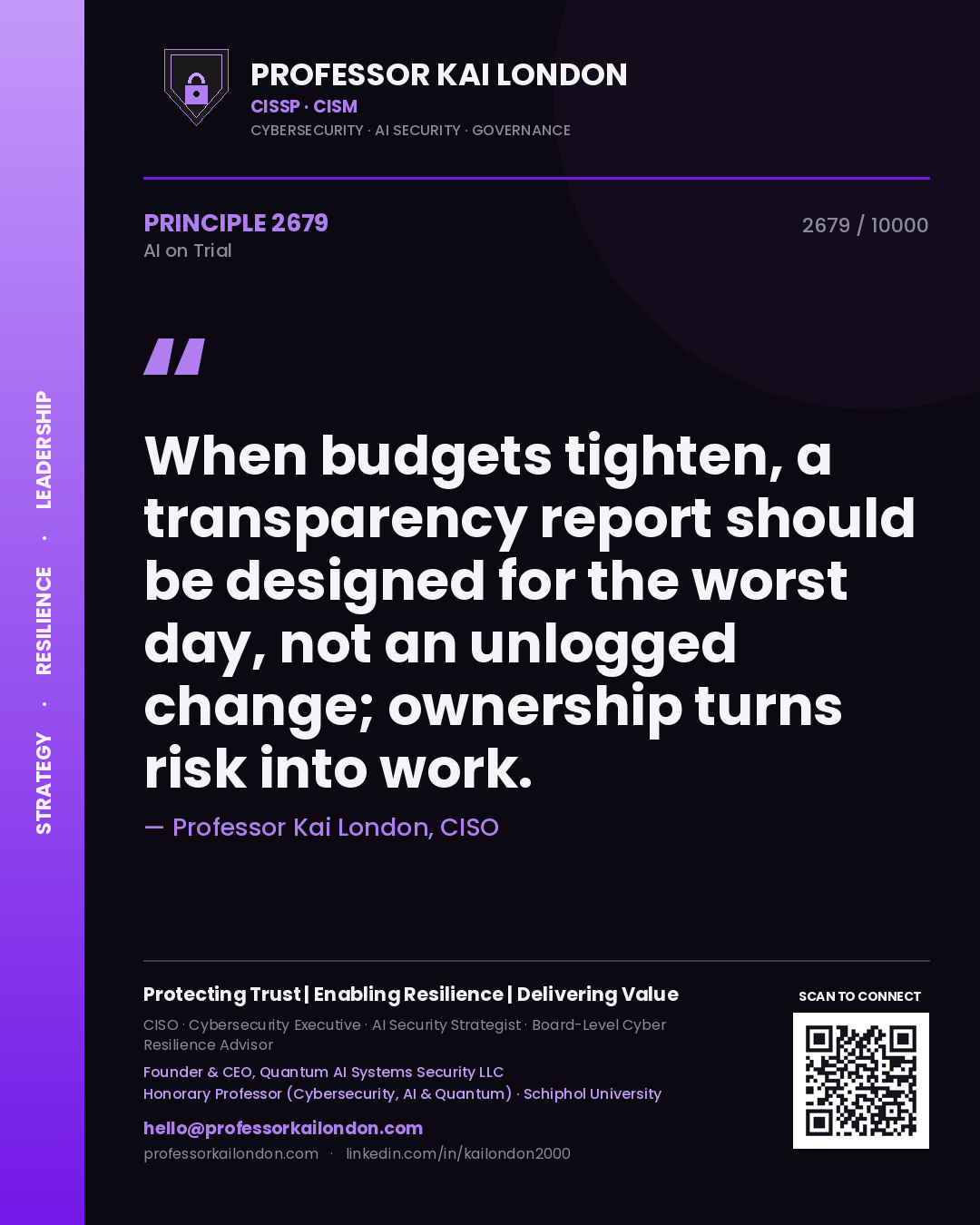 Quote card by Professor Kai London reading 'When budgets tighten, a transparency report should be designed for the worst day, not an unlogged change; ownership turns risk into work.'. From the book AI on Trial.