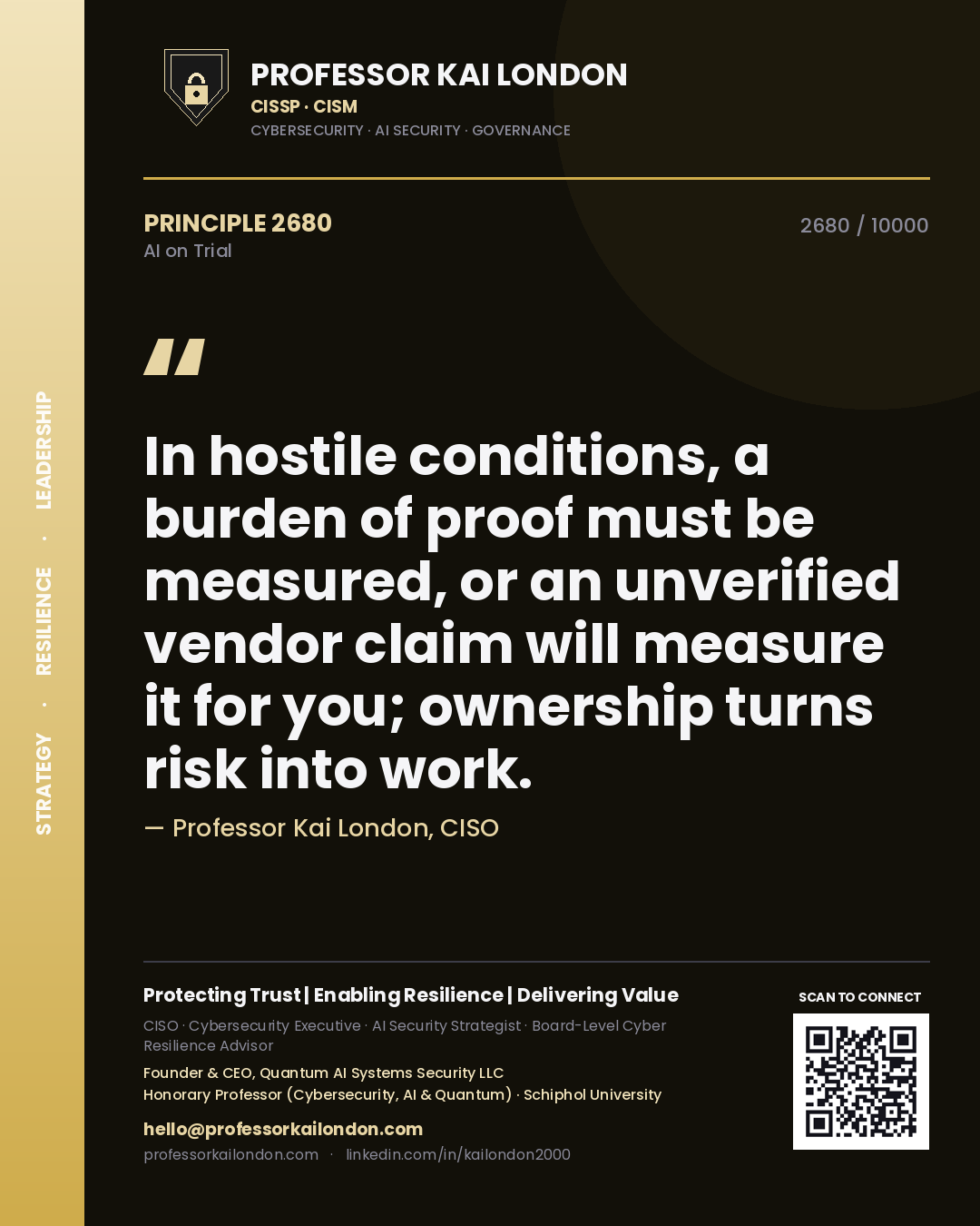 Professor Kai London principle 2680: In hostile conditions, a burden of proof must be measured, or an unverified vendor claim will measure it for you; ownership turns risk into work.