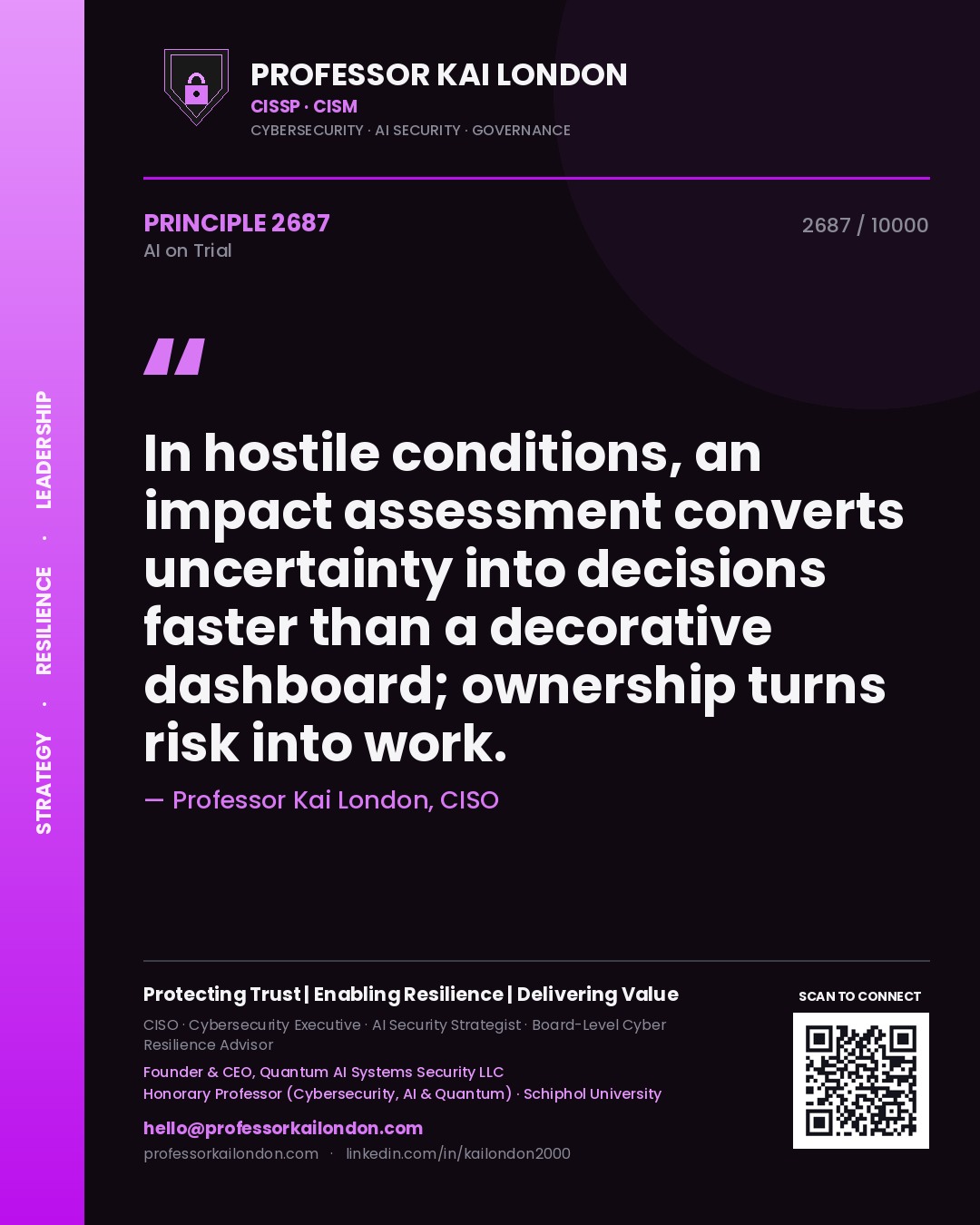 Quote card by Professor Kai London reading 'In hostile conditions, an impact assessment converts uncertainty into decisions faster than a decorative dashboard; ownership turns risk into work.'. From the book AI on Trial.