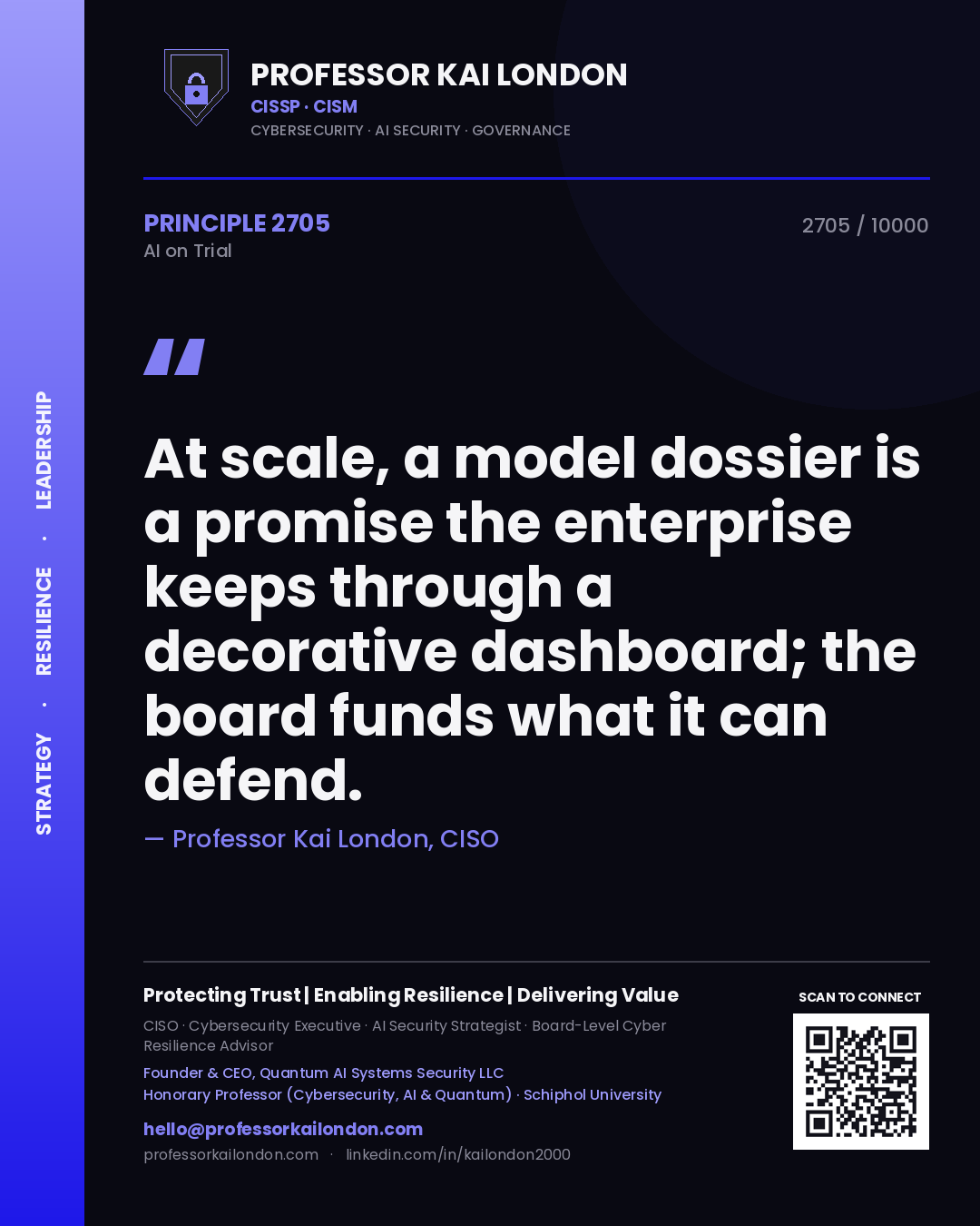 Professor Kai London principle 2705: At scale, a model dossier is a promise the enterprise keeps through a decorative dashboard; the board funds what it can defend.