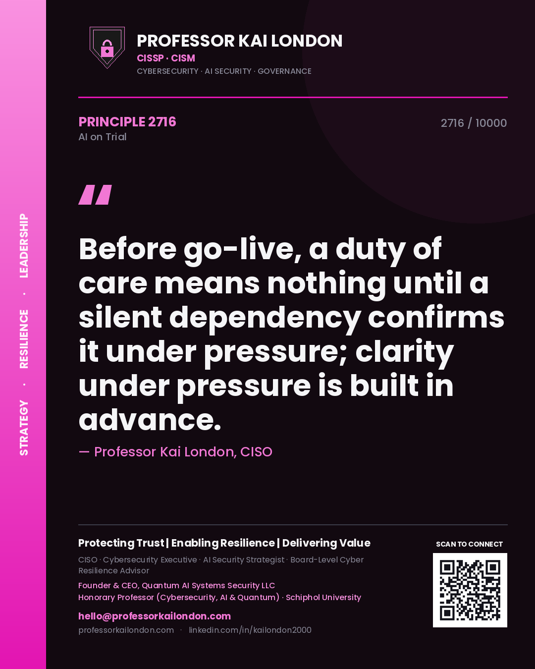 Professor Kai London principle 2716: Before go-live, a duty of care means nothing until a silent dependency confirms it under pressure; clarity under pressure is built in advance.