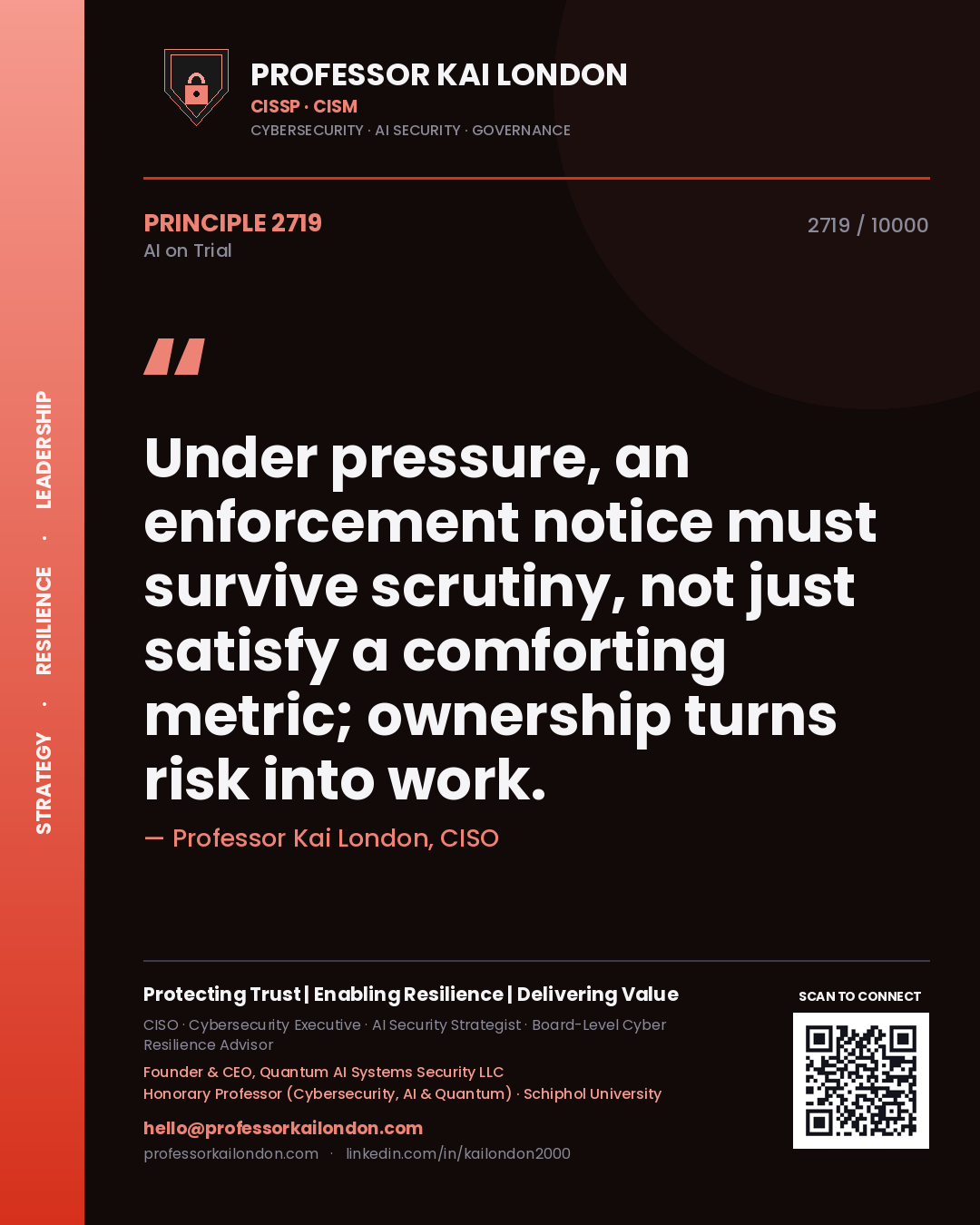 Professor Kai London principle 2719: Under pressure, an enforcement notice must survive scrutiny, not just satisfy a comforting metric; ownership turns risk into work.