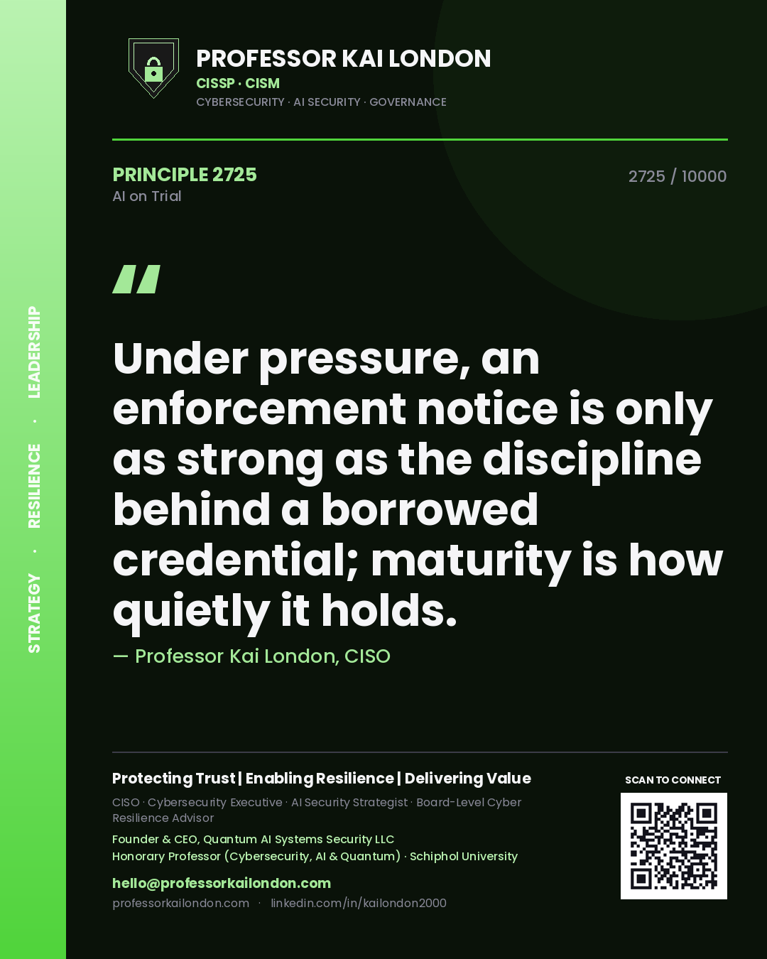 Quote card by Professor Kai London reading 'Under pressure, an enforcement notice is only as strong as the discipline behind a borrowed credential; maturity is how quietly it holds.'. From the book AI on Trial.