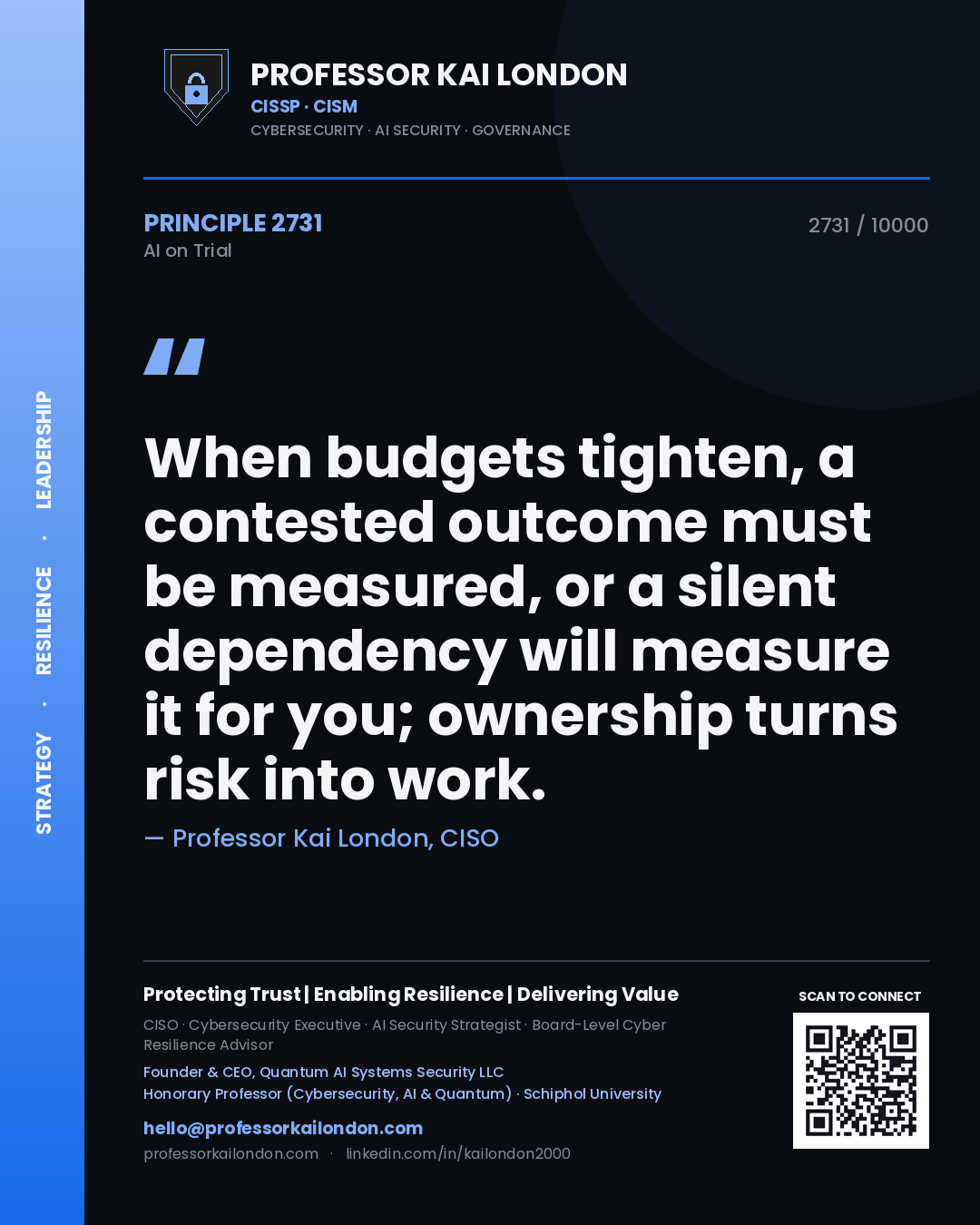Quote card by Professor Kai London reading 'When budgets tighten, a contested outcome must be measured, or a silent dependency will measure it for you; ownership turns risk into work.'. From the book AI on Trial.